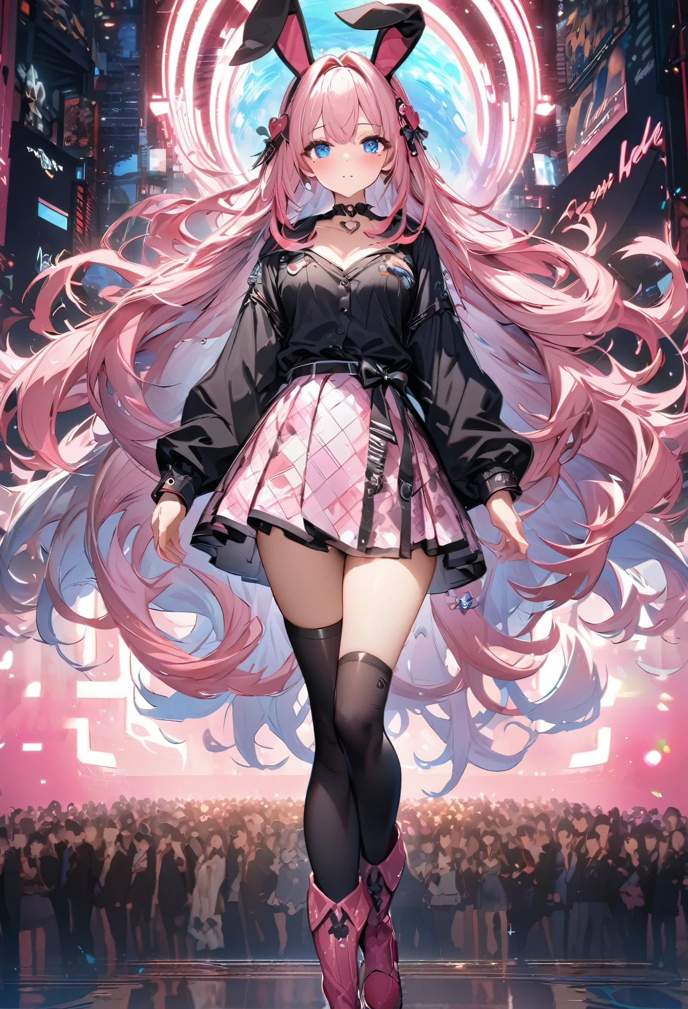 Black jumper with bunny ears、Pink patterned mini skirt、Knee-high boots、Pink long hair girl、Beautiful blue eyes anime girl、Mole under eye、Heart-shaped choker、Standing posture、Staring at the audience、Computer Graphics Art、High resolution、highest quality、whole body、8K Character Concept、32k、Pixiv、An illustration、 Super detailed、Super detailedな顔、Megapixels、 Super detailedなHDR、clear、Overdecoration