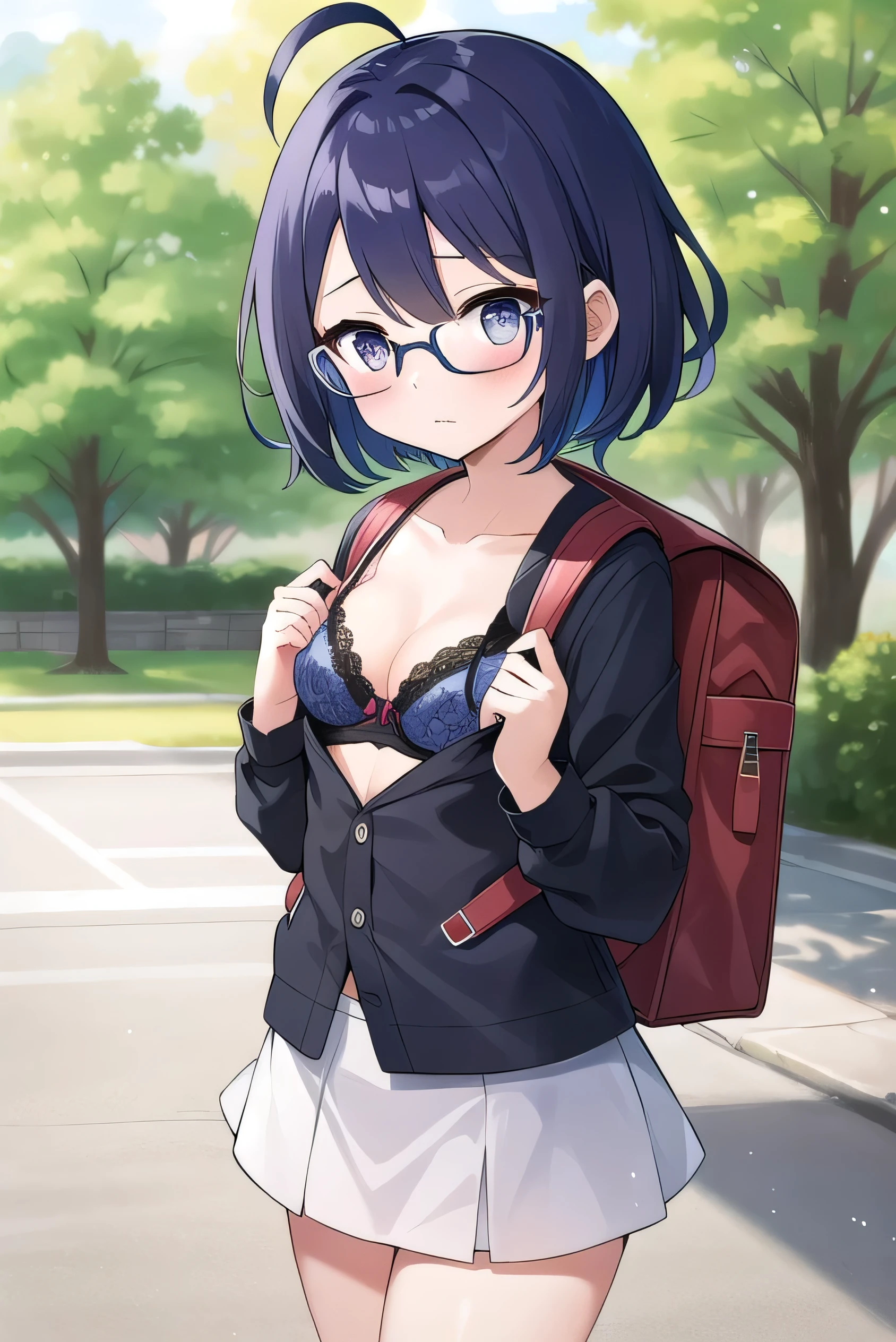 Purple hair, gray eyes, white , navy blue miniskirt, , short, short long hair, kind expression, shy, backpack, almost no breasts, slightly exposed. hair,(flipped hair ), flipped hair, long sleeves, ahoge, girl alone, flipped hair, flipped hair, flipped hair, flipped hair, glasses with no edges, embarrassed, her bra is visible