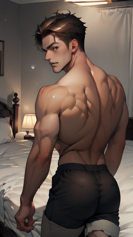 masterpiece, a high resolution, (Male focus), (1 boy, slim, 20 years, Spanish, , short hair, Brown hair, bedroom), Mini Shorts, put his knee on the bed, Ass exposed, looking back, Curious, Close-up, 8K, HDR