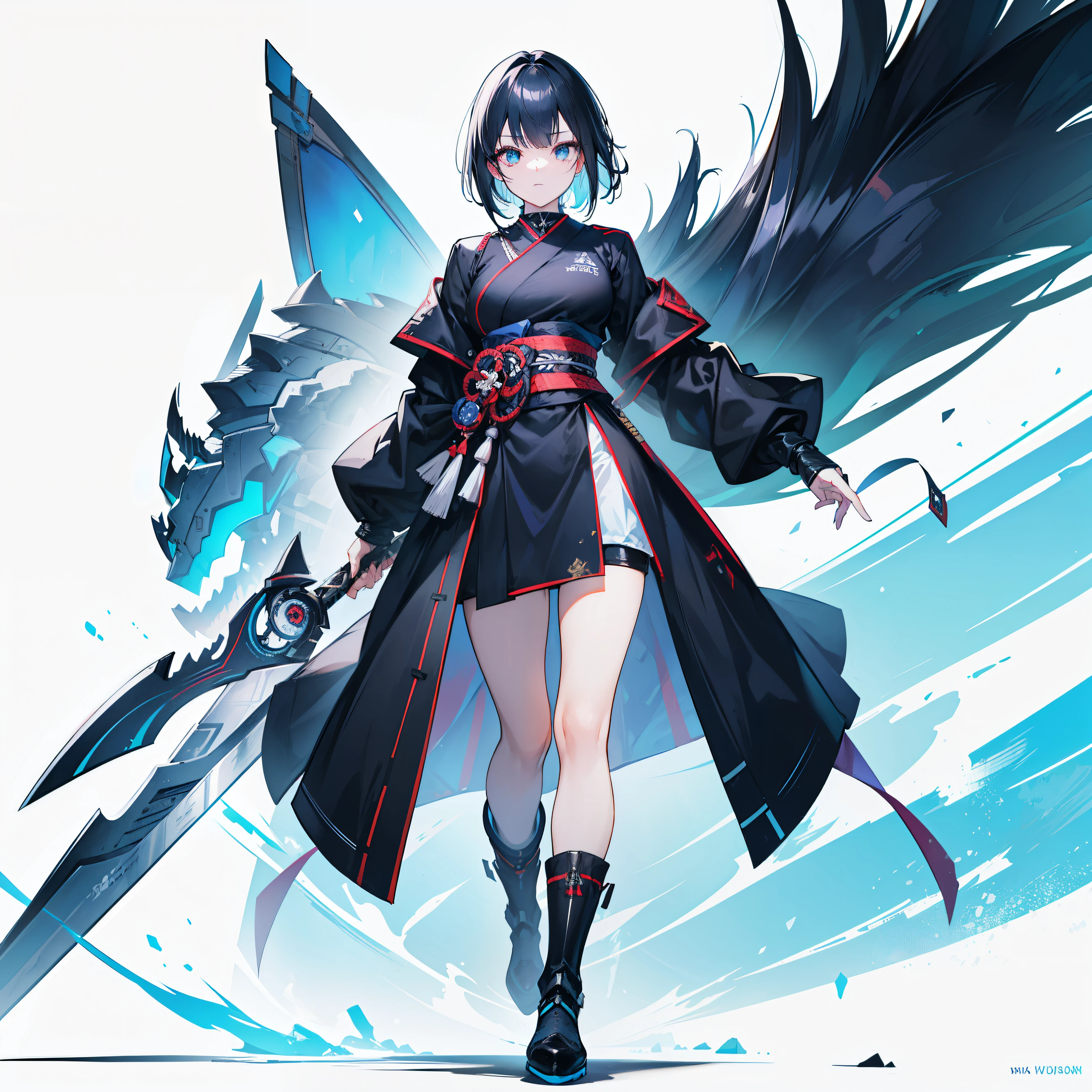(Tabletop, highest quality), (Perfect athletic body:1.2),,blue eyes、Black Hair、The inside of the hair is blue、Bobcut、Very detailed, Anime Style, whole body, Dual wields long blue great swords, Wear tech boots, 8K High Resolution, Trend Art Station, White Background, Standing in the Wilderness, whole body,Dressed in a black jacket、The Woman of Arafed,A very beautiful samurai