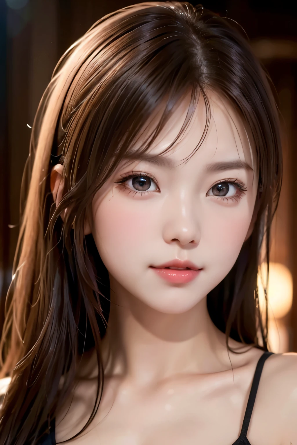 face focus, Portrait, best quality, super fine, 16k, beautiful cute woman, captivating look, aroused expression, background simple with warm atmosphere