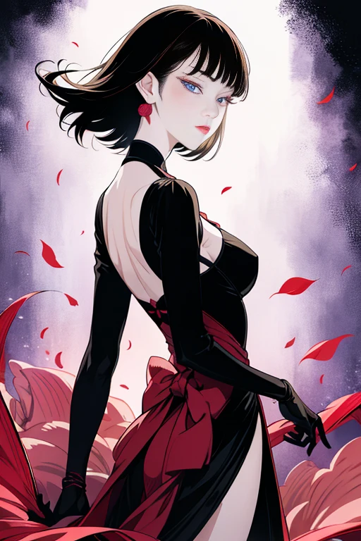 tsuruta ichiro, Narrow-eyed, 1girl in, Allback、deadpan、short-hair、shorth hair、brow、Reluctance、A dark-haired、Tucked Hair Solo, Cowgirl, Onepiece, ((mideum breasts)), Thin slit eyes、Black eyes, Light shines on the eyes、Black hair, gloves, Dress, Luxurious Jewelry, earrings, sharp eye、 elbow groves,Raise your hands and tie your hair back, random color, random color dress, Makeup for long eyes, Slender eyes、lip stick, Complex petal pattern, Rim Light, Back Light, pastel color,Studio Lighting