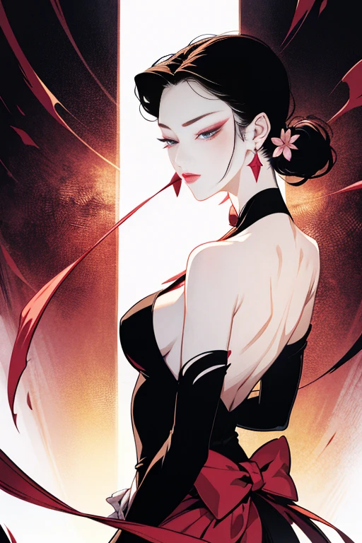 tsuruta ichiro, Narrow-eyed, 1girl in, Allback、deadpan、short-hair、shorth hair、brow、Reluctance、A dark-haired、Tucked Hair Solo, Cowgirl, Onepiece, ((mideum )), Thin slit eyes、Black eyes, Light shines on the eyes、Black hair, gloves, Dress, Luxurious Jewelry, earrings, sharp eye、 elbow groves,Raise your hands and tie your hair back, random color, random color dress, Makeup for long eyes, Slender eyes、lip stick, Complex petal pattern, Rim Light, Back Light, pastel color,Studio Lighting