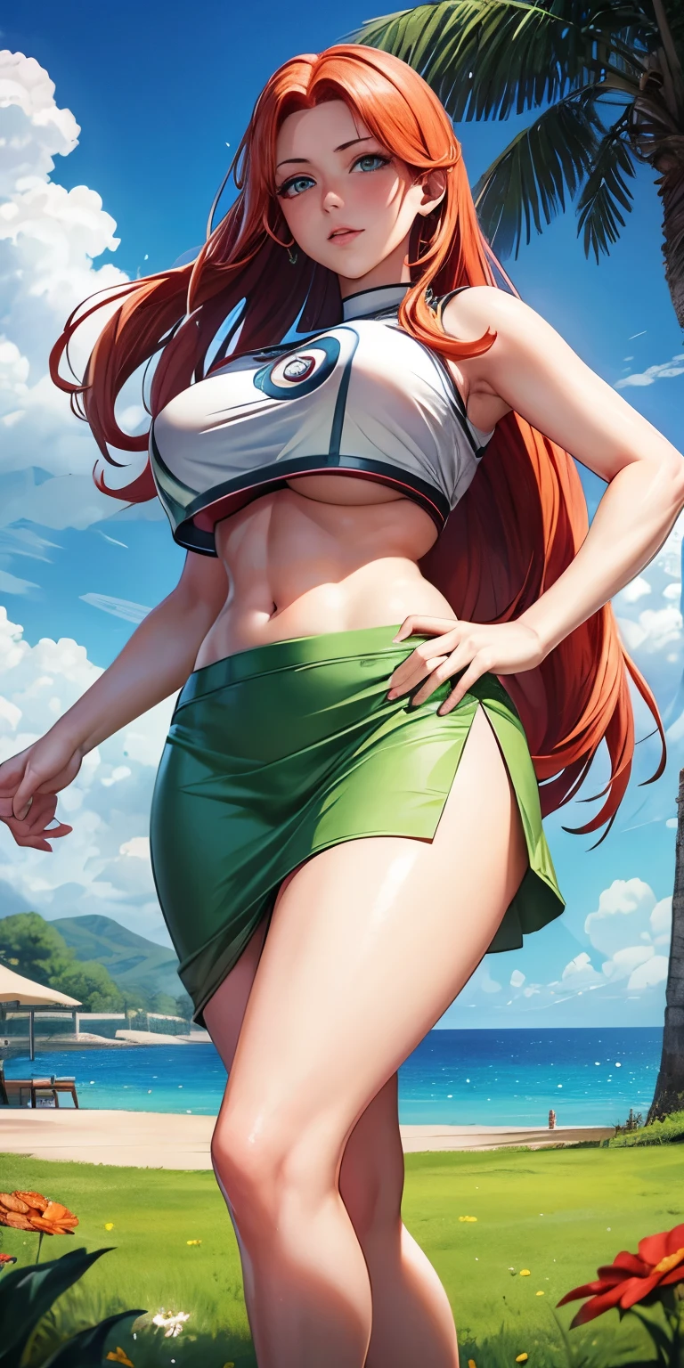 realistic, 1girl, Uzumaki Kushina, red hair, big round breasts. slightly curvy body, sexy body, white skin, blue eyes, crop top, green crop top, skirt, green skirt, blush, evening, flowers, sun, sunshine