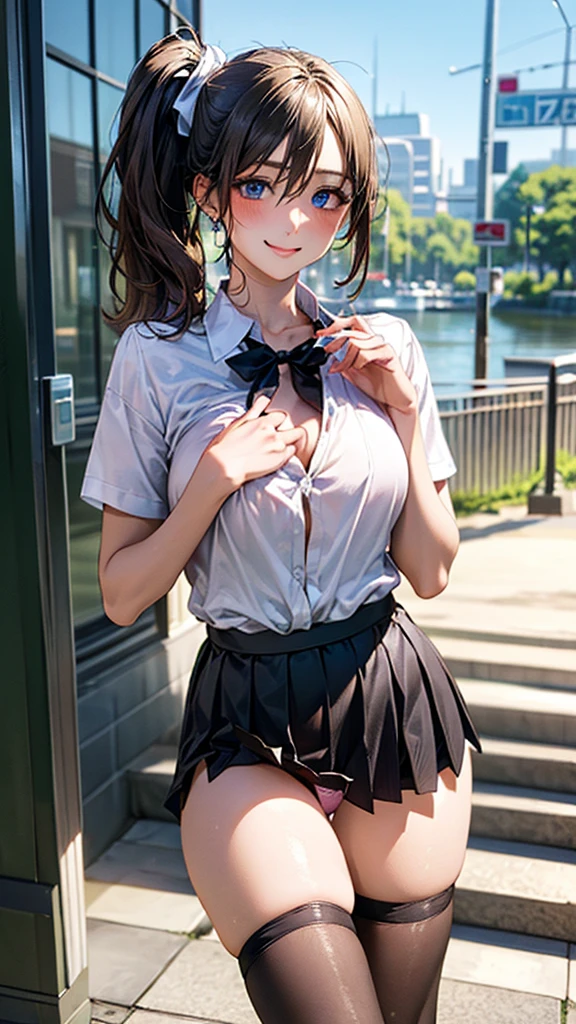(masterpiece:1.2, top-quality), (realistic, photorealistic:1.4), beautiful illustration, (natural side lighting, movie lighting),
looking at viewer, cowboy shot, front view:0.6, 1 girl, japanese, high school girl, perfect face, cute and symmetrical face, shiny skin,
(middle hair:1.7, side ponytail:1.7, blond hair), hair between eyes, blue eyes, long eye lasher, (large breasts:0.9, thick thighs),
beautiful hair, beautiful face, beautiful detailed eyes, beautiful clavicle, beautiful body, beautiful chest, beautiful thigh, beautiful legs, beautiful fingers,
((black pleated mini skirt, black stockings, unbuttoned white shirt)), black hair ribbon, pink panties,
(beautiful scenery), evening, riverside, walking, hands on chest, (excited face, very happy),