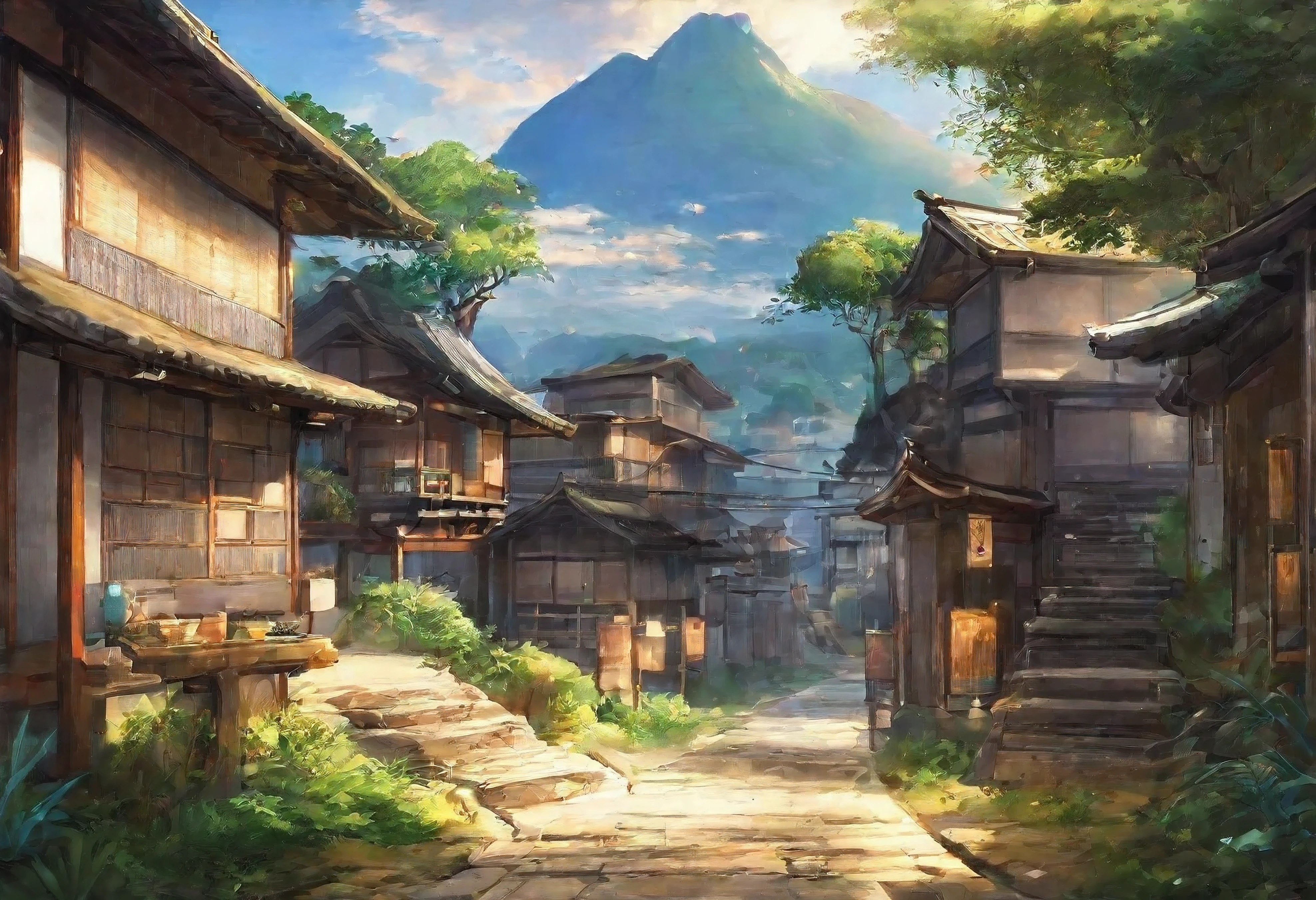 a painting of a japanese village with a tree and stairs, japanese town, japanese village, japanese city, anime background art, beautiful anime scenery, ross tran. scenic background, japanese street, anime scenery concept art, beautiful anime scene, amazing wallpaper, japanese art style, anime scenery, scenery artwork, anime art wallpaper 4k, anime art wallpaper 4 k