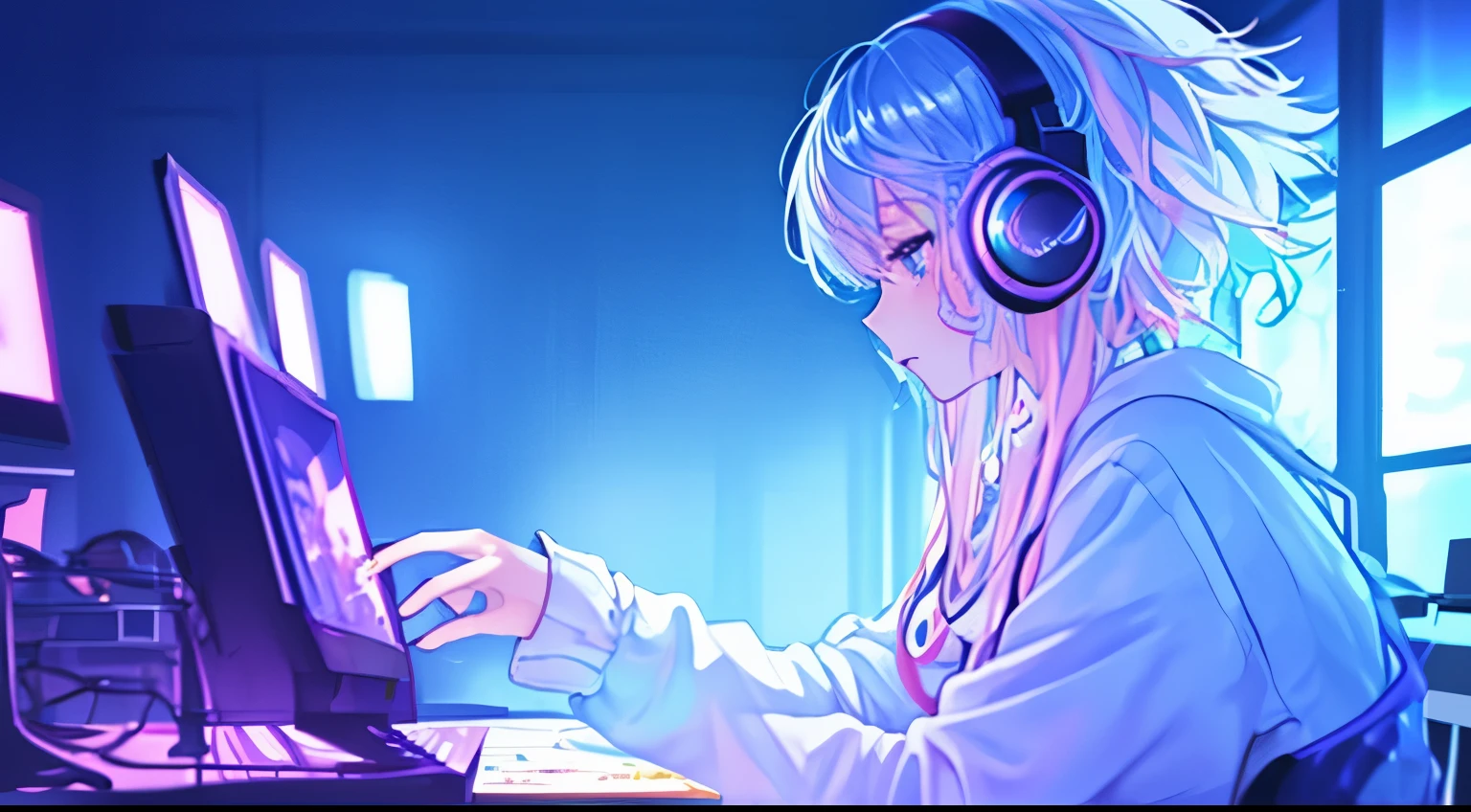 (​masterpiece、top-quality、top-quality、watercolor paiting(afro)、Official Art、Beautifully Aesthetic:1.2)、(1boy in:1.3)、(Fractal art:1.3)、The upper part of the body、from side、looking at a computer、patterns、(blue-colored hair、colourful hair、Half blue and half pink hair:1.2)、Eau、colourfull、cyber punk、Operating a computer while listening to music with headphones on.