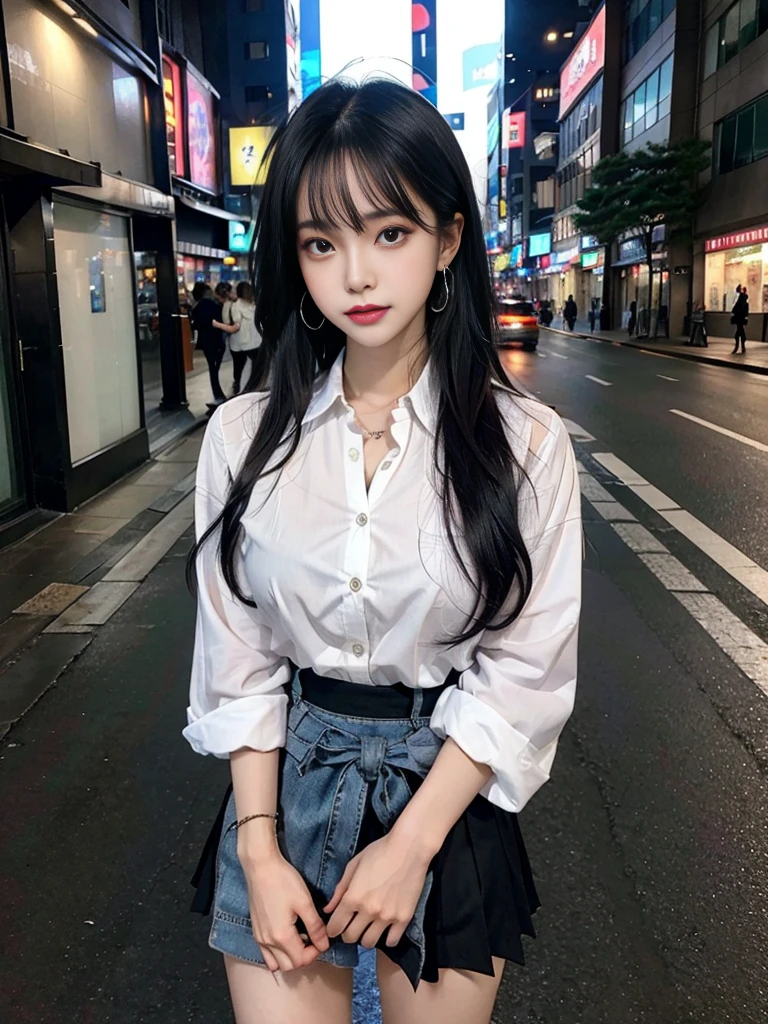 cyber punk, highest quality, masterpiece, shape, Realistic, photo-Realistic, wonderful, finely, Very detailed, High resolution, Very detailed, unity 8k wallpaper, Full body shot of a beautiful young woman with Korean-style features resembling a popular actress, Button-up shirt, mini Pleated Skirt ニーハイソックス, (Very small breasts), thin, She has pink and bluish eyeshadow, bangs, Black Hair, Long Hair, head, look up, night, On the streets of Shibuya, Stand up and look here, Narrow eyes, 細長い目のshape, Three white eyes, Wicked Smile, Very slender and beautiful legs, Beautiful and thin thighs, Earrings, Estrus