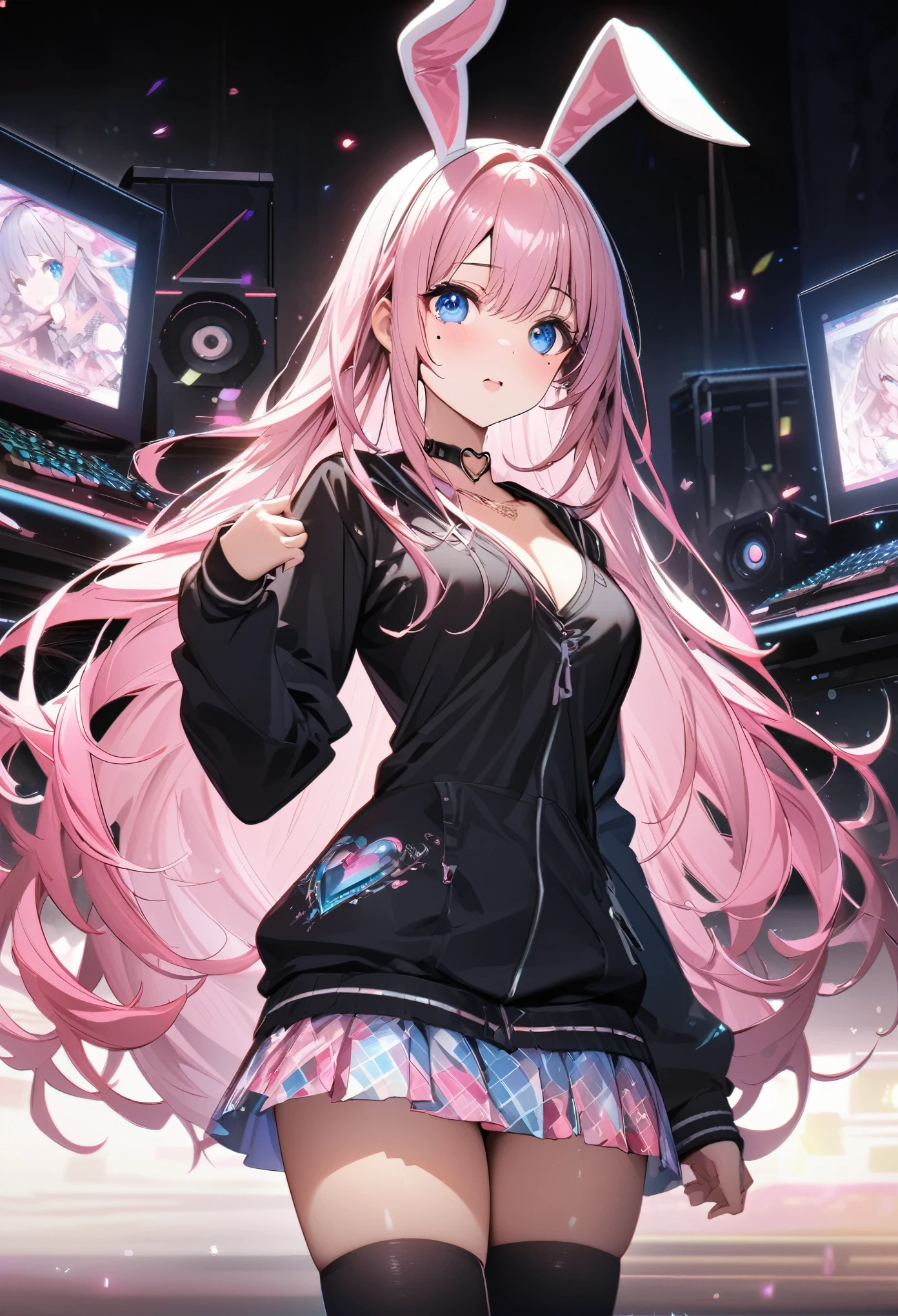 Black jumper with bunny ears、Pink patterned mini skirt、Knee-high boots、Pink long hair girl、Beautiful blue eyes anime girl、Mole under eye、Heart-shaped choker、Standing posture、Staring at the audience、Computer Graphics Art、High resolution、highest quality、whole body、8K Character Concept、32k、Pixiv、An illustration、 Super detailed、Super detailedな顔、Megapixels、 Super detailedなHDR、clear、Overdecoration