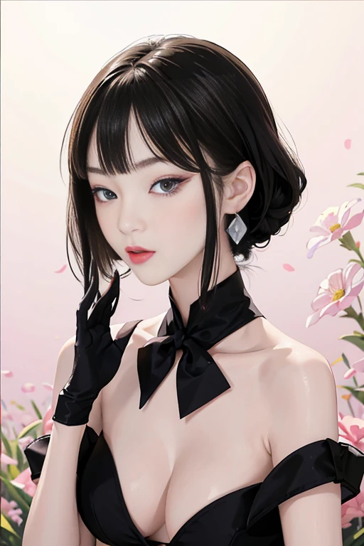 tsuruta ichiro, Narrow-eyed, 1girl in, Allback、deadpan、short-hair、shorth hair、brow、Reluctance、A dark-haired、Tucked Hair Solo, Cowgirl, Onepiece, ((mideum breasts)), Thin slit eyes、Black eyes, Light shines on the eyes、Black hair, gloves, Dress, Luxurious Jewelry, earrings, sharp eye、 elbow groves,Raise your hands and tie your hair back, random color, random color dress, Makeup for long eyes, Slender eyes、lip stick, Complex petal pattern, Rim Light, Back Light, pastel color,Studio Lighting