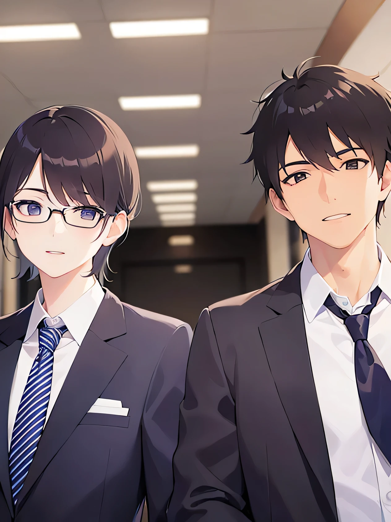 masterpiece、highest quality、(33 year old male:1.5) and (short hair) and (Brown Hair),(Wearing a suit:1.5) and (White collared shirt) and (tie)、(grin:1.5)and(Are standing)、Background is an office room、Talk together
