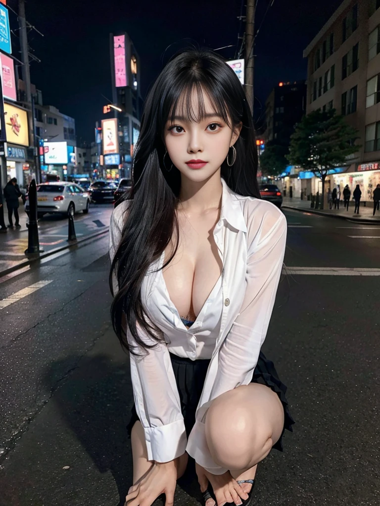 cyber punk, highest quality, masterpiece, shape, Realistic, photo-Realistic, wonderful, finely, Very detailed, High resolution, Very detailed, unity 8k wallpaper, Full body shot of a beautiful young woman with Korean-style features resembling a popular actress, Button-up shirt, mini Pleated Skirt ニーハイソックス, (Very small breasts), thin, She has pink and bluish eyeshadow, bangs, Black Hair, Long Hair, head, look up, night, On the streets of Shibuya, Squat down and look here, Narrow eyes, 細長い目のshape, Three white eyes, Wicked Smile, Very slender and beautiful legs, Beautiful and thin thighs, Earrings, Estrus