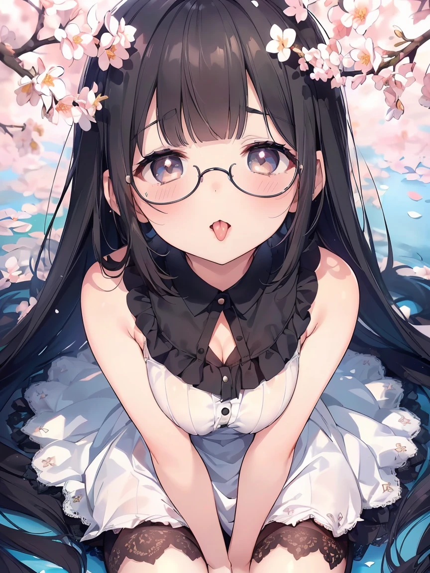 Very detailed, highest quality, High resolution, Moe Anime, ((Cute girl with black hair and droopy eyes)), ((Wearing large round glasses:1.4)), (), Cute eyes, Detailed eye depiction, Sparkle in the eyes, View your viewers, Pale skin, (Big eyes:1.4, Droopy eyes:1.4, Fatty face:1.4), smile, Focus on the face, In the park with cherry blossoms falling, On all fours, (Extreme close up of tongue), (((From above))), Open your mouth, (((Face only:1.3))), ((white lace sleeveless dress)), Bright Eyes, Light from the front, (Put your hands between your legs:1.4), large and long tongue, Cleavage