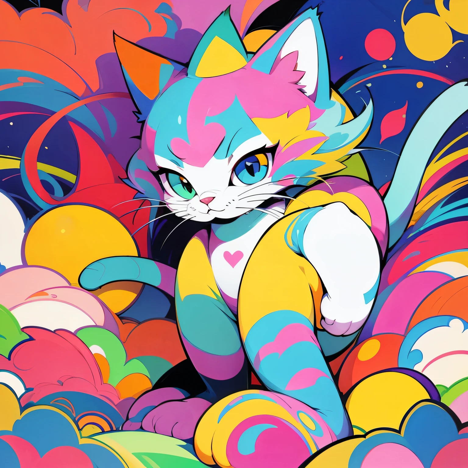 Colored coloring book, cartoon style, cat.