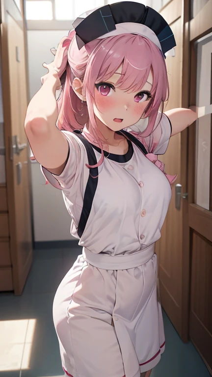 masterpiece、highest quality、Very detailed、Photograph the upper body、1 female、(Put your arms behind your back:1.2)、Are standing、Turn your body forward、View your viewers、(nurse-maid:1.4、Nurse cap:1.2)、blush、shy、Pink Hair、Open your mouth、Hospital corridor、Big Breasts、