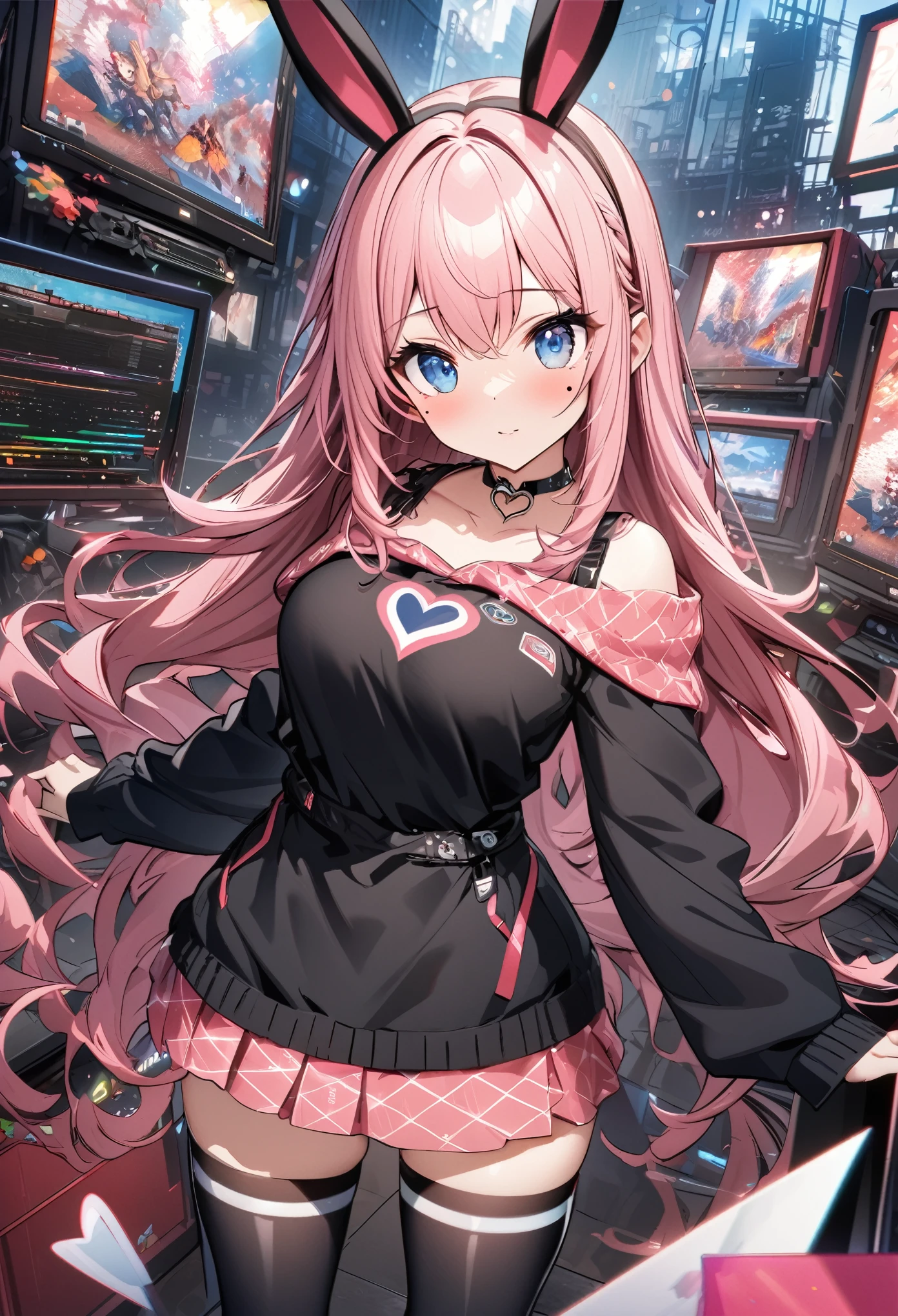 Black jumper with bunny ears、Pink patterned mini skirt、Knee-high boots、Pink long hair girl、Beautiful blue eyes anime girl、Mole under eye、Heart-shaped choker、Standing posture、Staring at the audience、Computer Graphics Art、High resolution、highest quality、whole body、8K Character Concept、32k、Pixiv、An illustration、 Super detailed、Super detailedな顔、Megapixels、 Super detailedなHDR、clear、Overdecoration