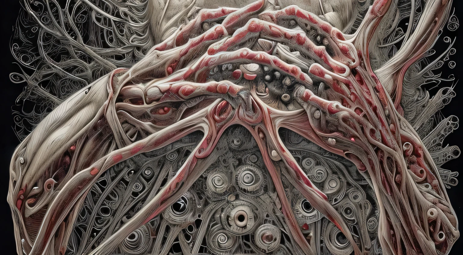 (Masterpiece, Best quality: 1.2), Ultra detailed, Highest detail, (bodyhorror: 1.4), (Biological machines: 1.3), (Bloody: 1.2), Living people, (Colorful: 1.2), satanic, (Machine: 1.3), hans giger, many hands, (zentangle: 1.2), Black color scheme, avant garde, full body, cyberpunk, takato yamamoto, concept art, mystical landscape