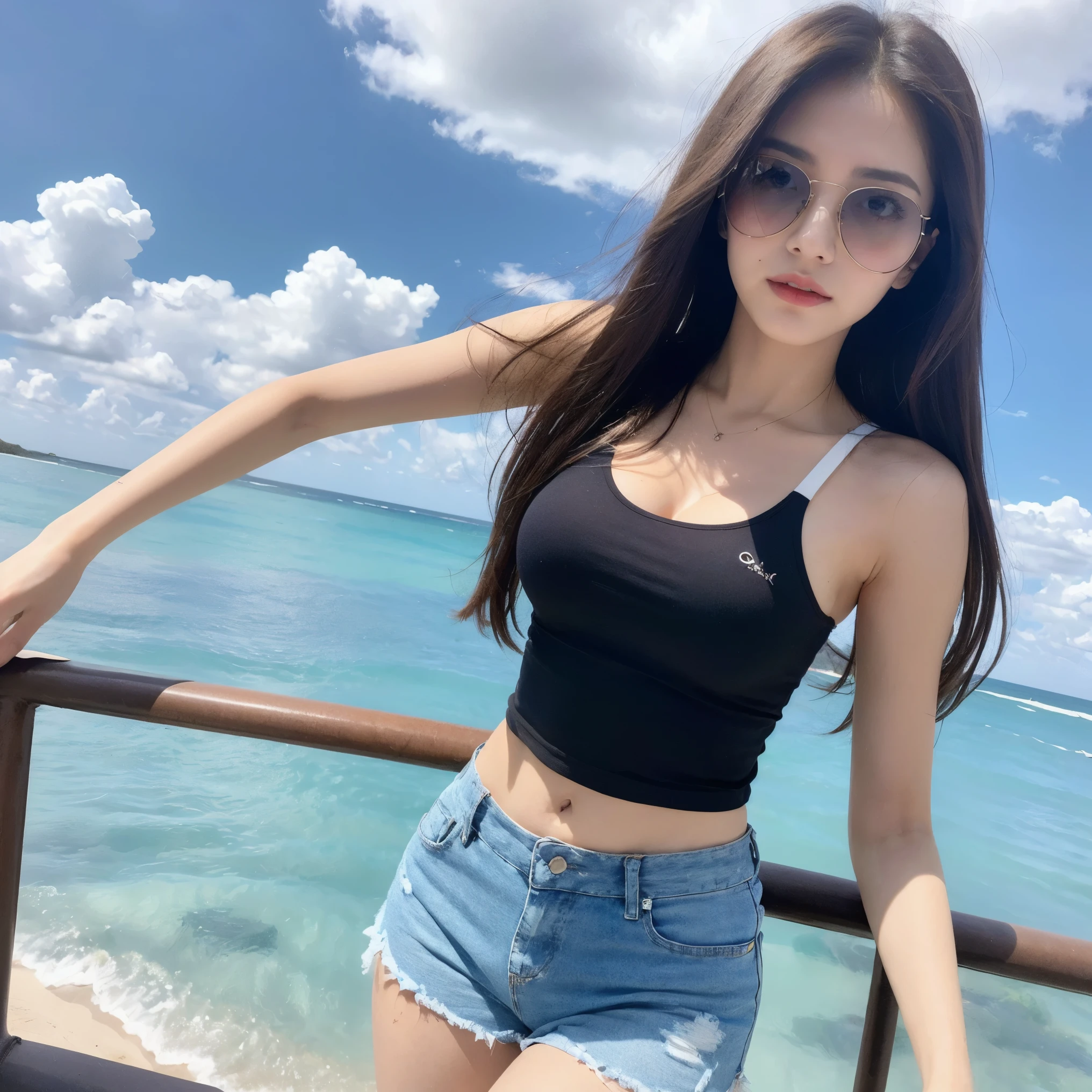 (Daytime, wonderful, 8k, masterpiece:1.3)), whole body, Long legs, focal distance: 1.2, Perfect body beauty: 1.4, Slim Abs: 1.1, ((Dark brown hair, Big Breasts: 1.2 )), (Wear skinny shorts, Tank top，Are standing: 1.2), ((Ocean, Blue sky and white clouds: 1.3)), Highly detailed face and skin texture, Fine grain, double eyelid, long hair flying, Wearing sunglasses