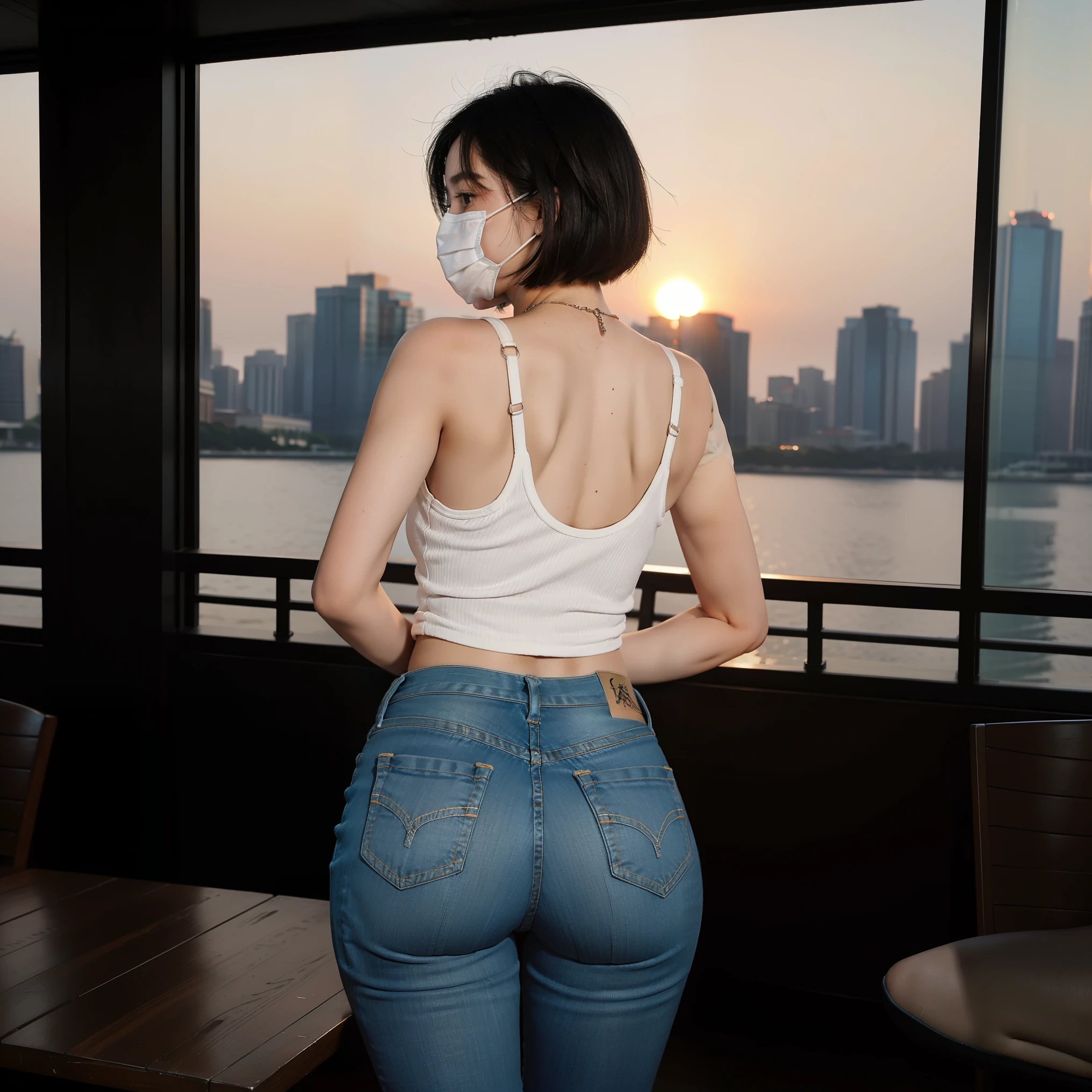 wear skinny jeans，Tank top，Plump butt，The back view is also attractive，Bobcut、Wear a mask，Full-body photos disappear，Sunset Cocktails