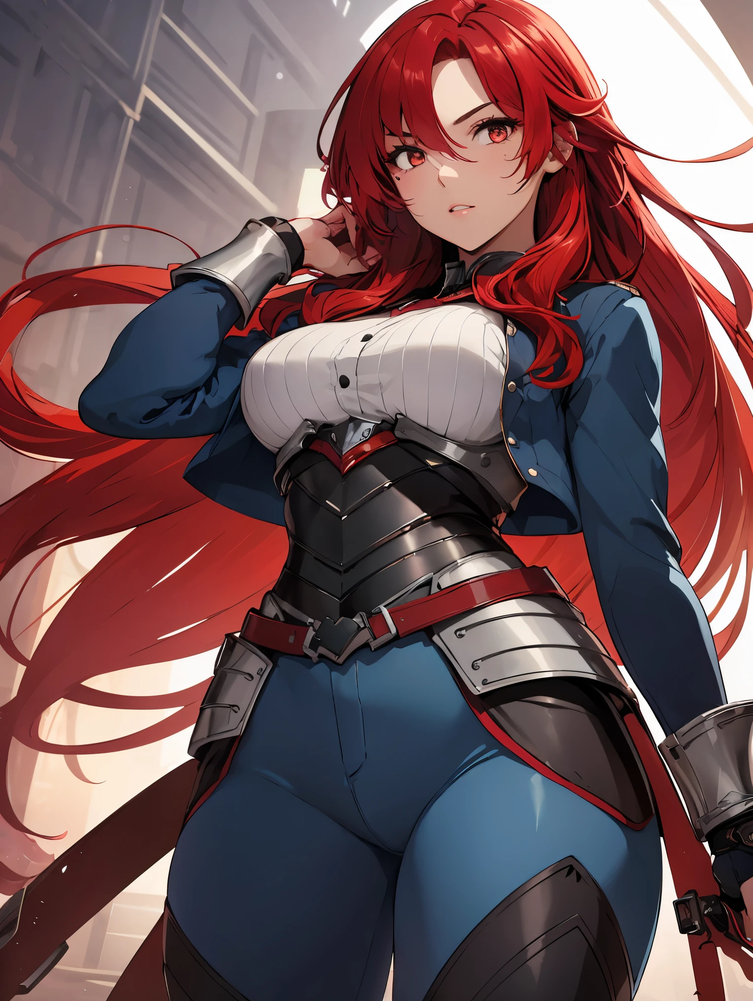 1girl, lisara restall, ((red hair:1.5)),
BREAK (Blue_uniform,Blue_jacket,long_sleeves,Blue_Long_pants,armor, armored_dress:1.2), BREAK Wariza, standing,
BREAK ((anime girl)), best quality, expressive eyes, perfect face, (masterpiece), best quality, expressive eyes, perfect face, ((best quality)), ((ultra-detailed)), ((an extremely delicate and beautiful)), perfect eyes, perfect body, ((synmetry eyes)), beautiful eyes, ((thick thighs)), shiny skin, soft skin, ((synmetry body)), ((perfect body)),