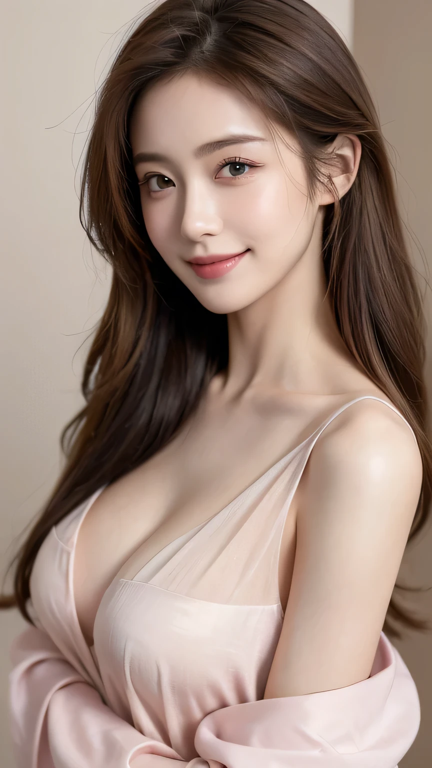 (masterpiece:1.3), (8k, Photorealistic, Raw photo, Best image quality: 1.4), 20 years old in Japan、(Random Hairstyles:1.2)、Cleavage:1.2、Super detailed face、Attention to detail、whole body、double eyelid、Put your chest together、Sharp focus:1.2、Beautiful woman:1.4、Light brown hair、highest quality、masterpiece、超A high resolution、(Photorealistic:1.4)、Highly detailed and professionally lit smile、Pale pink sheer shirt、Shoulder out、thin、smile,White bedroom