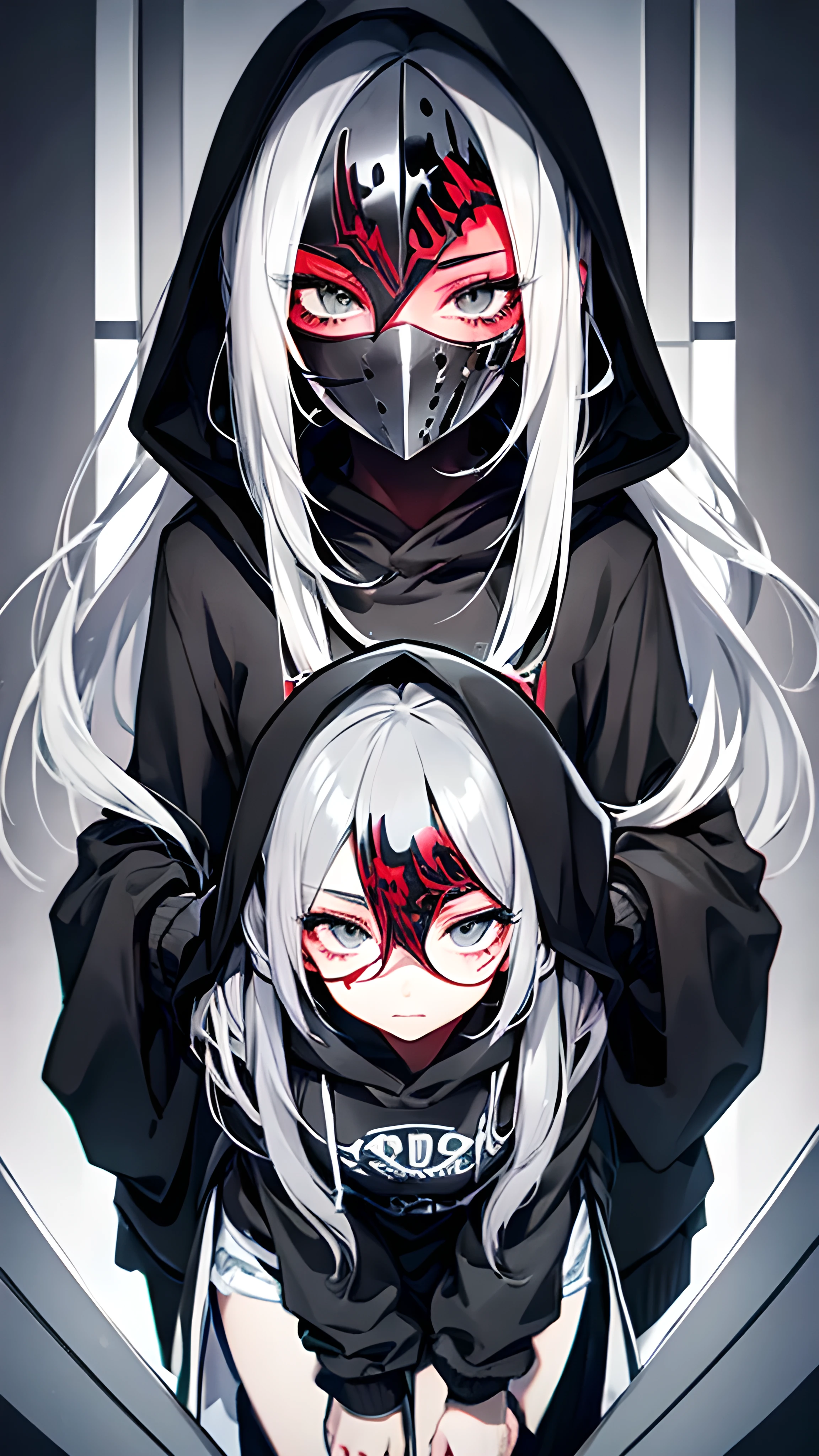 Beautiful youth,Silver Hair,((Gray eyes)), Shoulder-length hair, Black Mask, Black Hoodie, Wear a hood,high quality, Withdrawal amount, pixiv illustrations