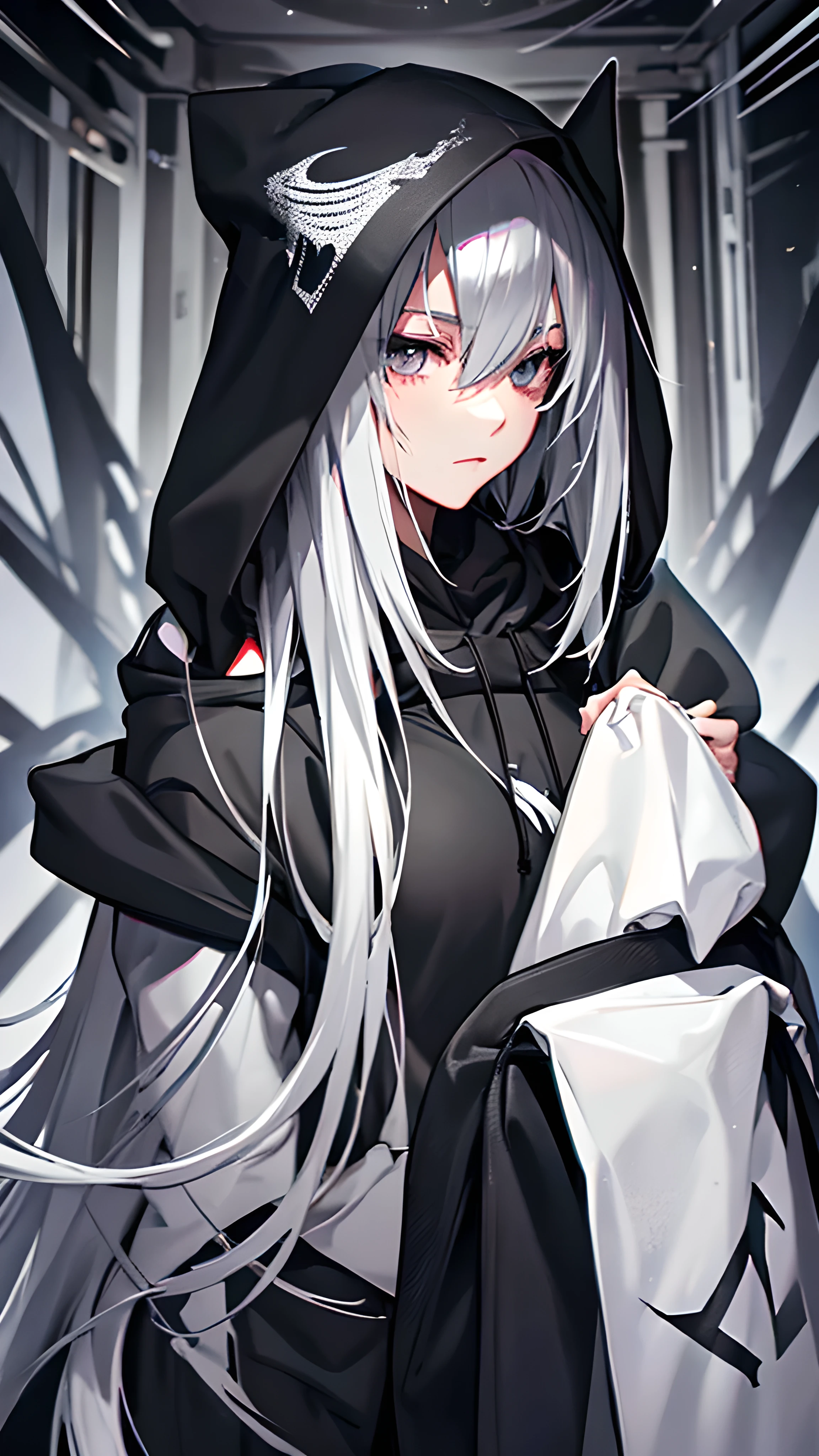 Beautiful youth,Silver Hair,((Gray eyes)), Shoulder-length hair, Black Mask, Black Hoodie, Wear a hood,high quality, Withdrawal amount, pixiv illustrations