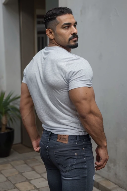 Obra maestra, mejor calidad, ultra detallado, 1 hombre, macho maduro, muscular, pedazo, bara, deportista, rubio, piel bronceada, latino, 28 years old, bigote corto, cabello demasiado cortado, mirando al espectador, serious expression, camiseta gris, cuerpo completo, science fiction background, jeans backside 