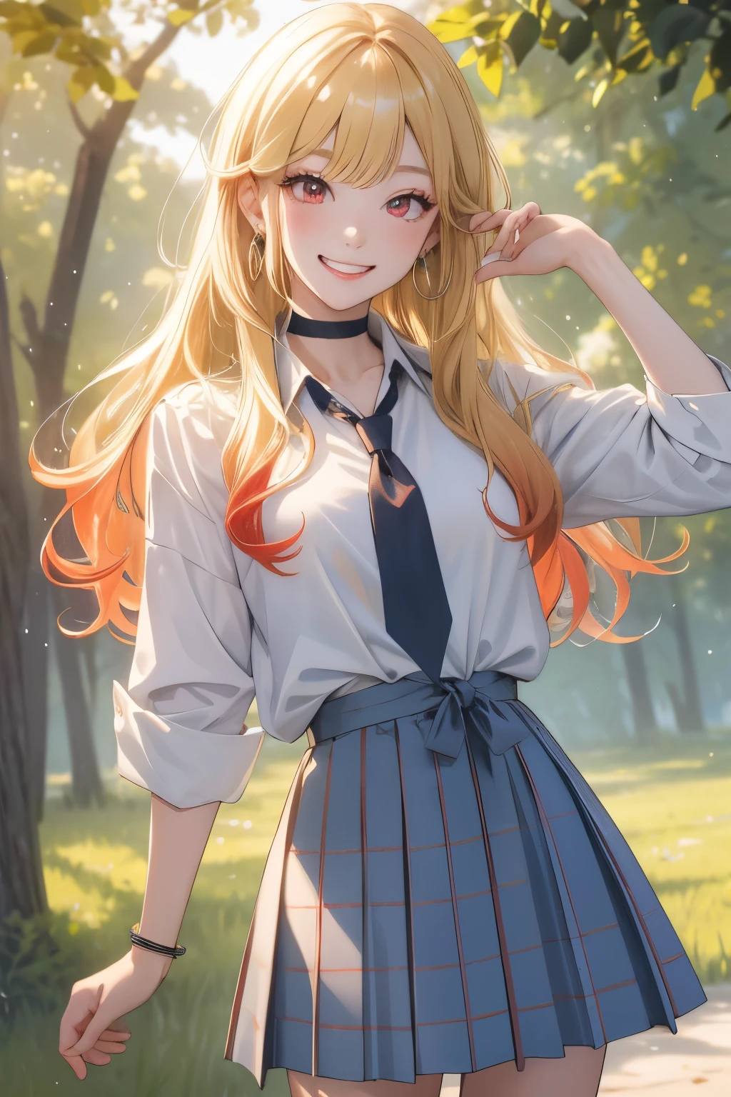 masterpiece, highest quality, High resolution, kitagawa marin, One girl, Blonde, Long Hair, Multicolored Hair, Red eyes, jewelry, Earrings, Earrings, , White shirt, tie shirt, Black Choker, Blue tie, Checked skirt, Grin, smile, Are standing, Cowboy Shot, Outdoor,