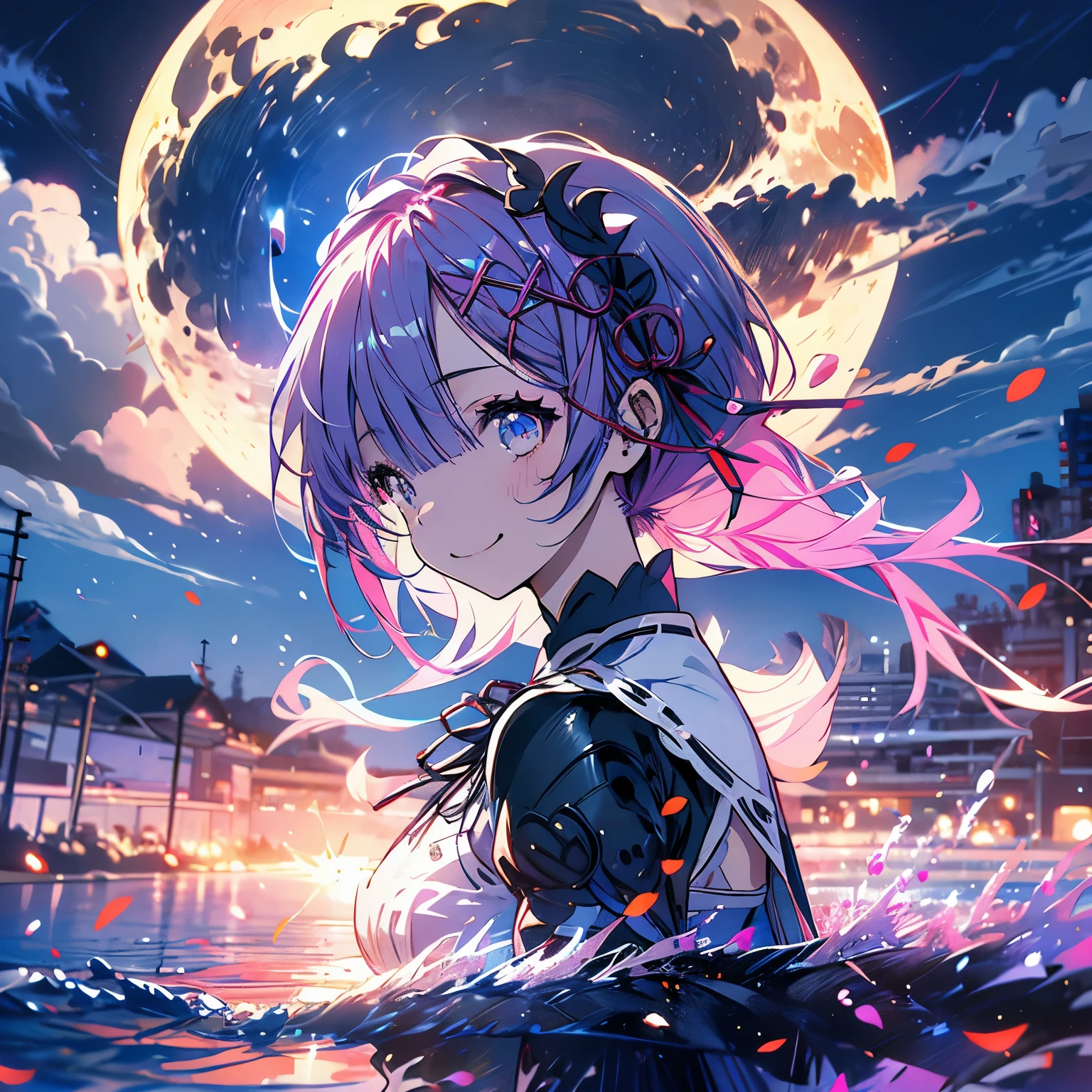 Masterpiece、Re:Zero、Rem、Pink Hair、smile、Ocean、night、full moon