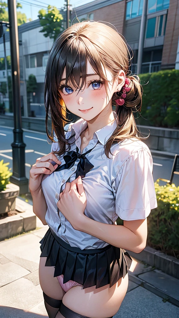 (masterpiece:1.2, top-quality), (realistic, photorealistic:1.4), beautiful illustration, (natural side lighting, movie lighting),
looking at viewer, cowboy shot, front view:0.6, 1 girl, japanese, high school girl, perfect face, cute and symmetrical face, shiny skin,
(middle hair:1.7, side ponytail:1.7, blond hair), hair between eyes, blue eyes, long eye lasher, (large :0.9, thick thighs),
beautiful hair, beautiful face, beautiful detailed eyes, beautiful clavicle, beautiful body, beautiful chest, beautiful thigh, beautiful legs, beautiful fingers,
((black pleated mini skirt, black stockings, unbuttoned white shirt)), black hair ribbon, pink pantiesutiful scenery), evening, riverside, walking, hands on chest, (excited face, very happy),