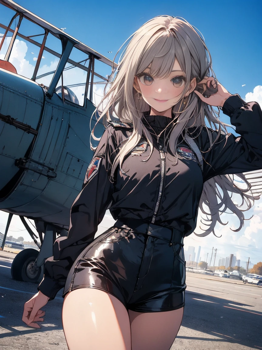 masterpiece, highest quality, High resolution, One Girl,1930s、Biplane on background、Pilot Suit、 alone, Girl with bangs、young woman、18-year-old、Long Hair、smile