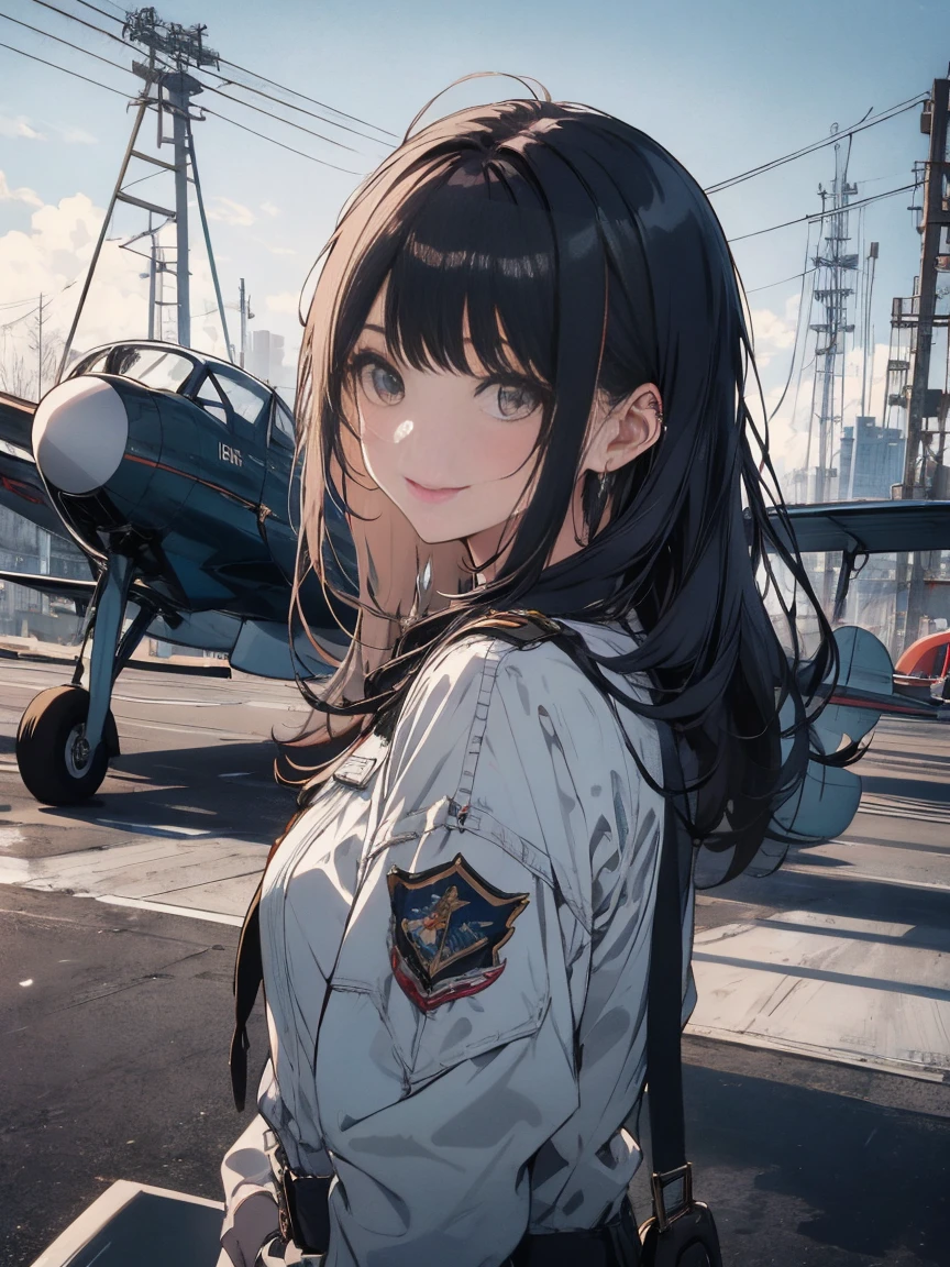 masterpiece, highest quality, High resolution, One Girl,1930s、Biplane on background、Pilot Suit、 alone, Girl with bangs、young woman、18-year-old、Long Hair、smile