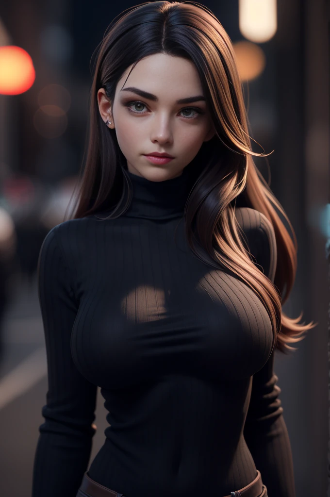 1girl,Black turtleneck sweater, big breasts,Look straight ahead, long hair, Straight hair, a dark room with lights, close-up shot, Street Background, masterpiece, best quality,3dmm style,3d,realistic, high-quality, 3D realistic works, ultra-high details, 4k, real skin materials,simple background