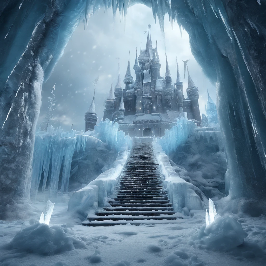 Fantastic ice castle、Snowstorm、Artistic ice stairs