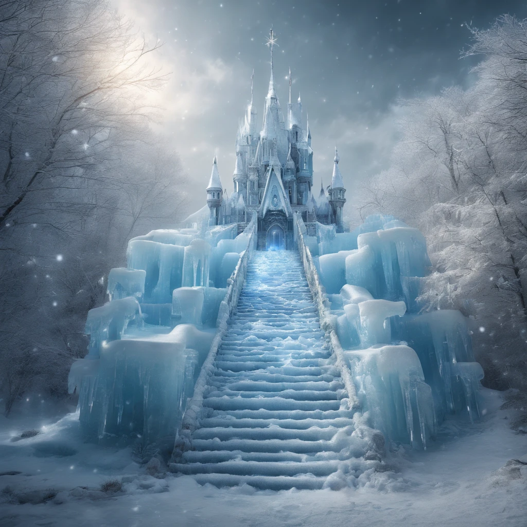 Fantastic ice castle、Snowstorm、Artistic ice stairs
