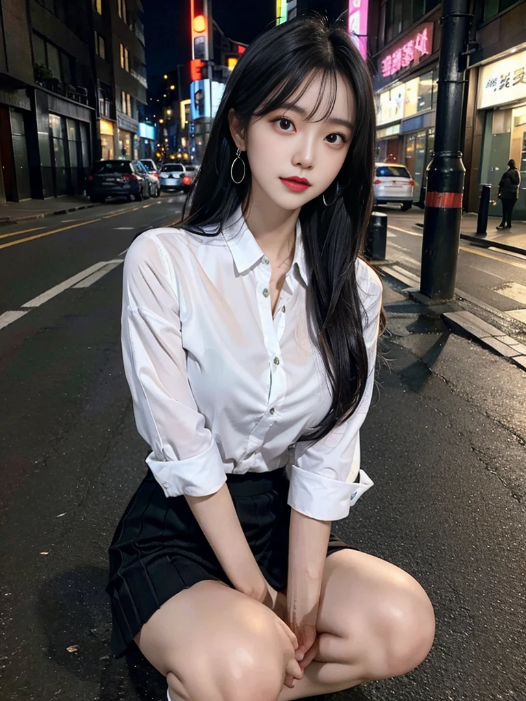cyber punk, highest quality, masterpiece, shape, Realistic, photo-Realistic, wonderful, finely, Very detailed, High resolution, Very detailed, unity 8k wallpaper, Full body shot of a beautiful young woman with Korean-style features resembling a popular actress, Button-up shirt, mini Pleated Skirt ニーハイソックス, (Very small breasts), thin, She has pink and bluish eyeshadow, bangs, Black Hair, Long Hair, head, look up, night, On the streets of Shibuya, Squat down and look here, Narrow eyes, 細長い目のshape, Three white eyes, Wicked Smile, Very slender and beautiful legs, Beautiful and thin thighs, Earrings, ??????