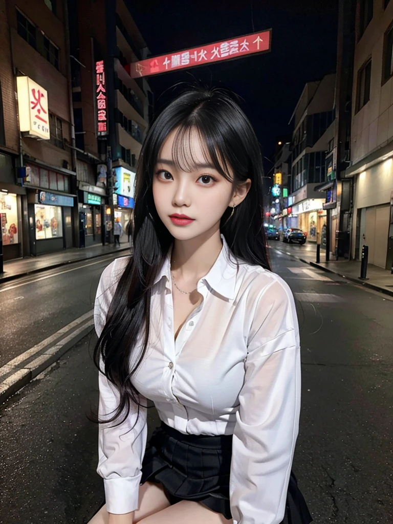 cyber punk, highest quality, masterpiece, shape, Realistic, photo-Realistic, wonderful, finely, Very detailed, High resolution, Very detailed, unity 8k wallpaper, Full body shot of a beautiful young woman with Korean-style features resembling a popular actress, Button-up shirt, mini Pleated Skirt ニーハイソックス, (Very small breasts), thin, She has pink and bluish eyeshadow, bangs, Black Hair, Long Hair, head, look up, night, On the streets of Shibuya, Squat down and look here, Narrow eyes, 細長い目のshape, Three white eyes, Wicked Smile, Very slender and beautiful legs, Beautiful and thin thighs, Earrings, Estrus