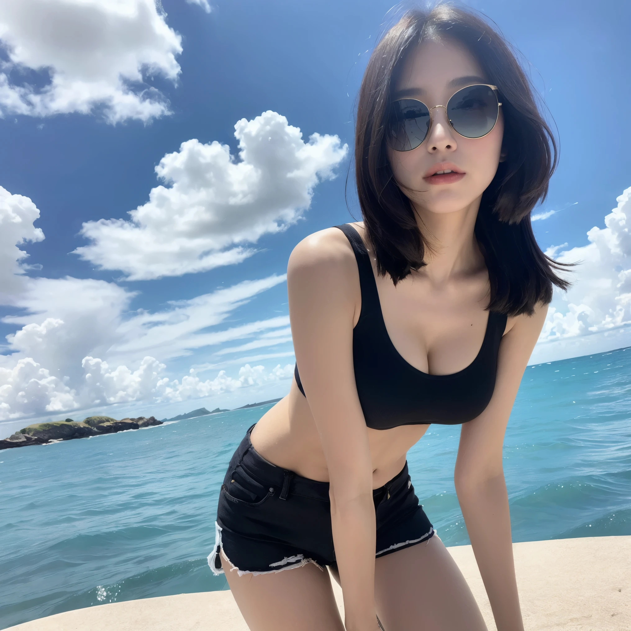 (best quality, 8K, At 32K, muste piece, ticker:1.2),Pretty Woman Pictures, large breasts,upper body whole body,face focus,Swimsuit,High leg,マイクロSwimsuit, background, from below, Looking at Viewer,