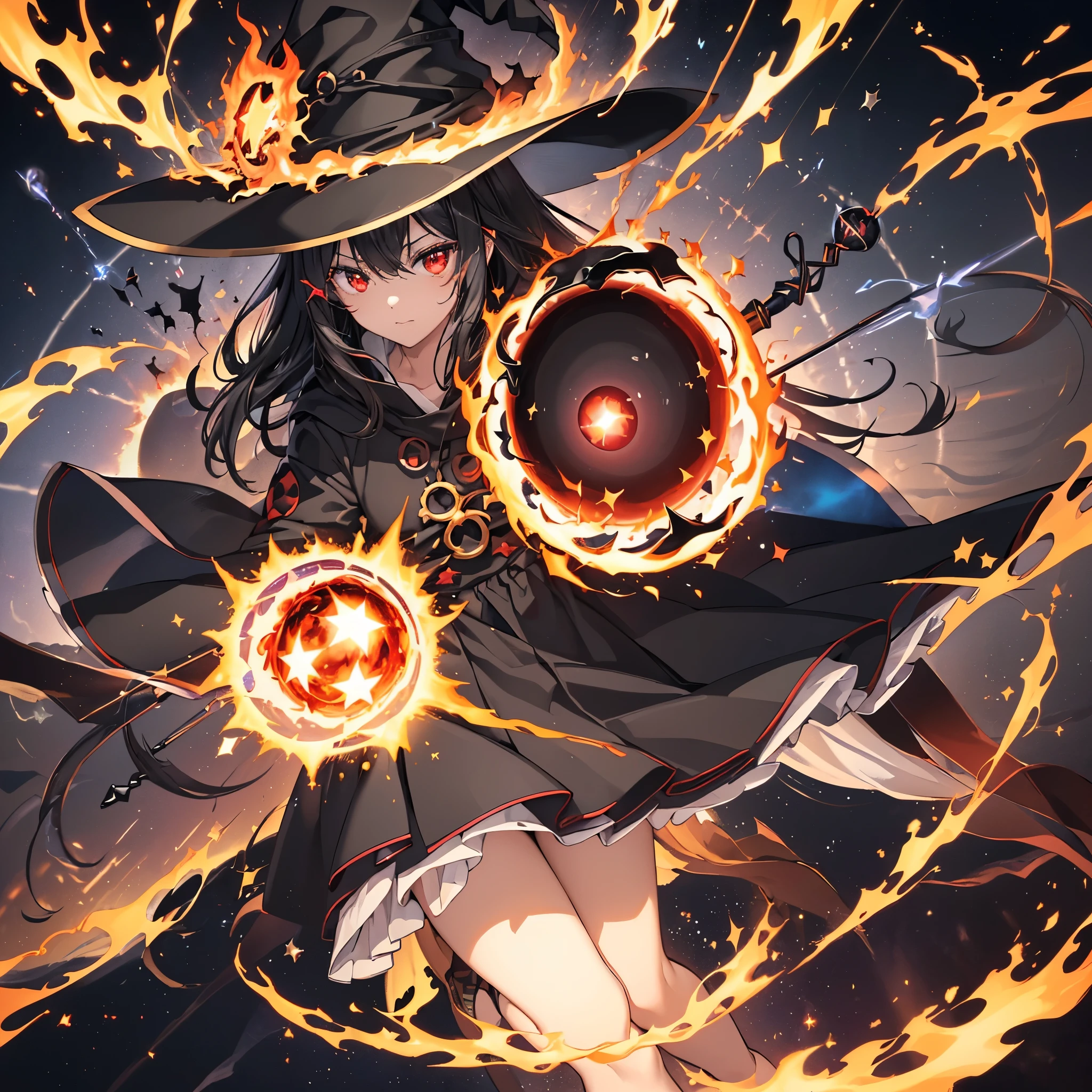 ((Black Hair　magic circle　Witch Hat　Red eyes))　((explosion　Explosion　wand of flame　starのペンダント　fire　beam))　(Magic Robe　shine　star　Streaks of Light　Black Hole)　moon　彗star　incantation　Runes