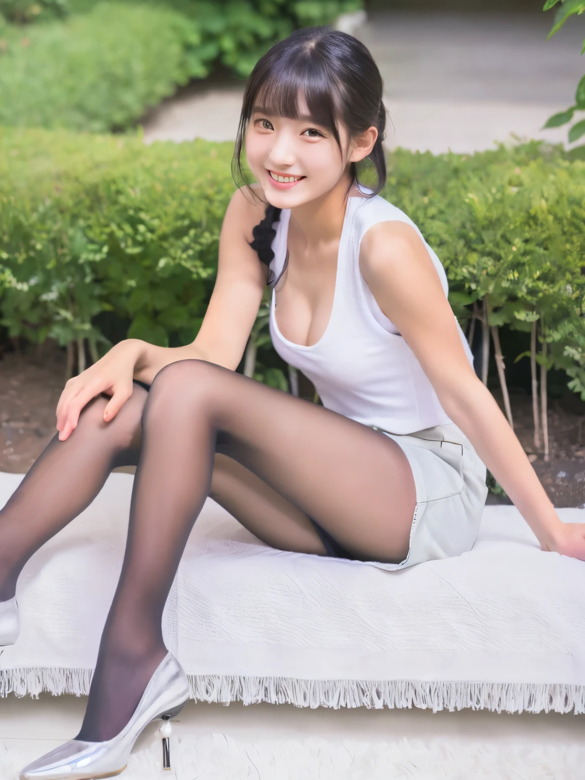 ((top quality vest, 8k, masterpiece: 1.3, RAW Photos)), , Realistic、Young Japanese woman、((White tank top))、Shorts、Black Stockings、Beauty、Realistic、Perfect limbs、From the knee up、Large Breasts、Perfect Face、Smiling、garden、Wearing sneakers