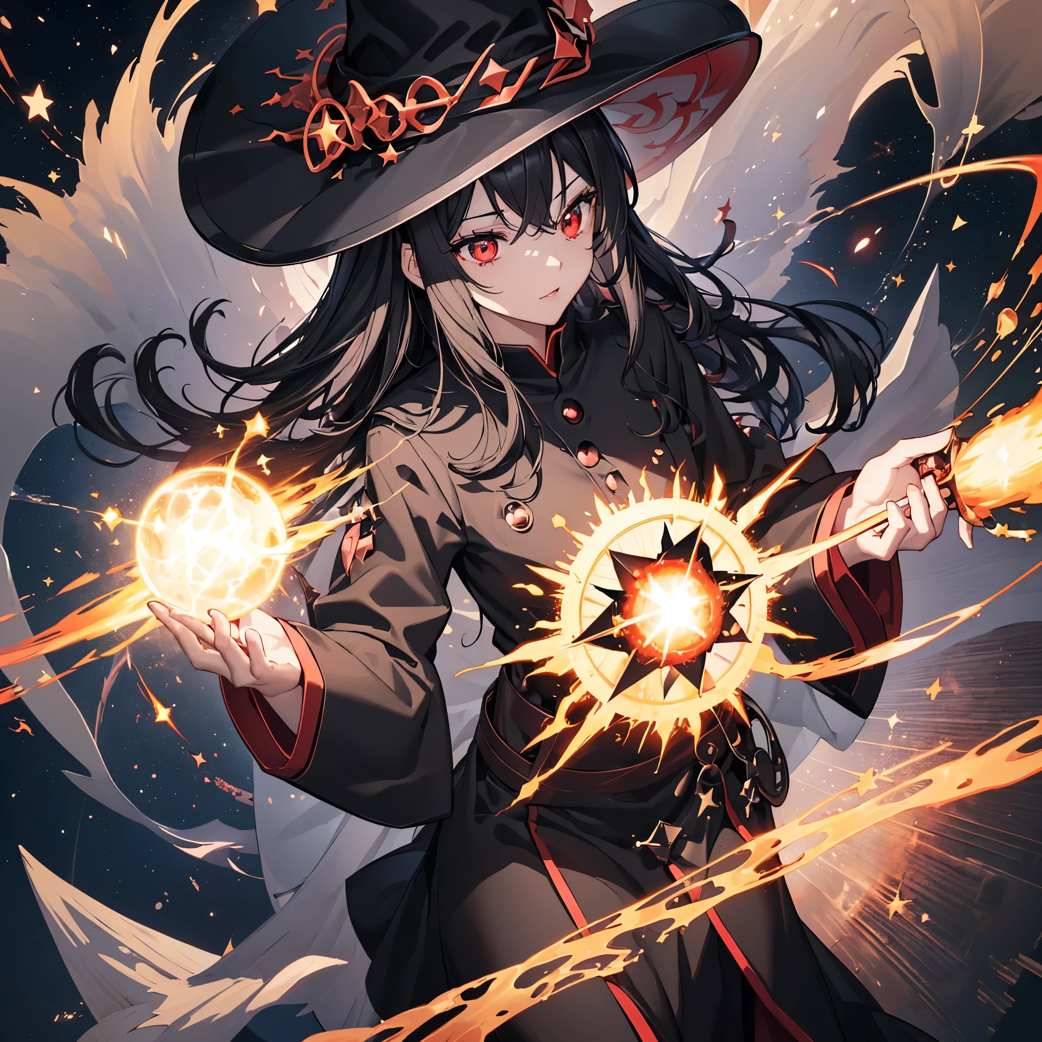 ((Black Hair　magic circle　Witch Hat　Red eyes))　((explosion　Explosion　Cane　starのペンダント　fire　beam))　(Magic Robe　shine　star　Streaks of Light　Black Hole)　moon　彗star　incantation　Runes