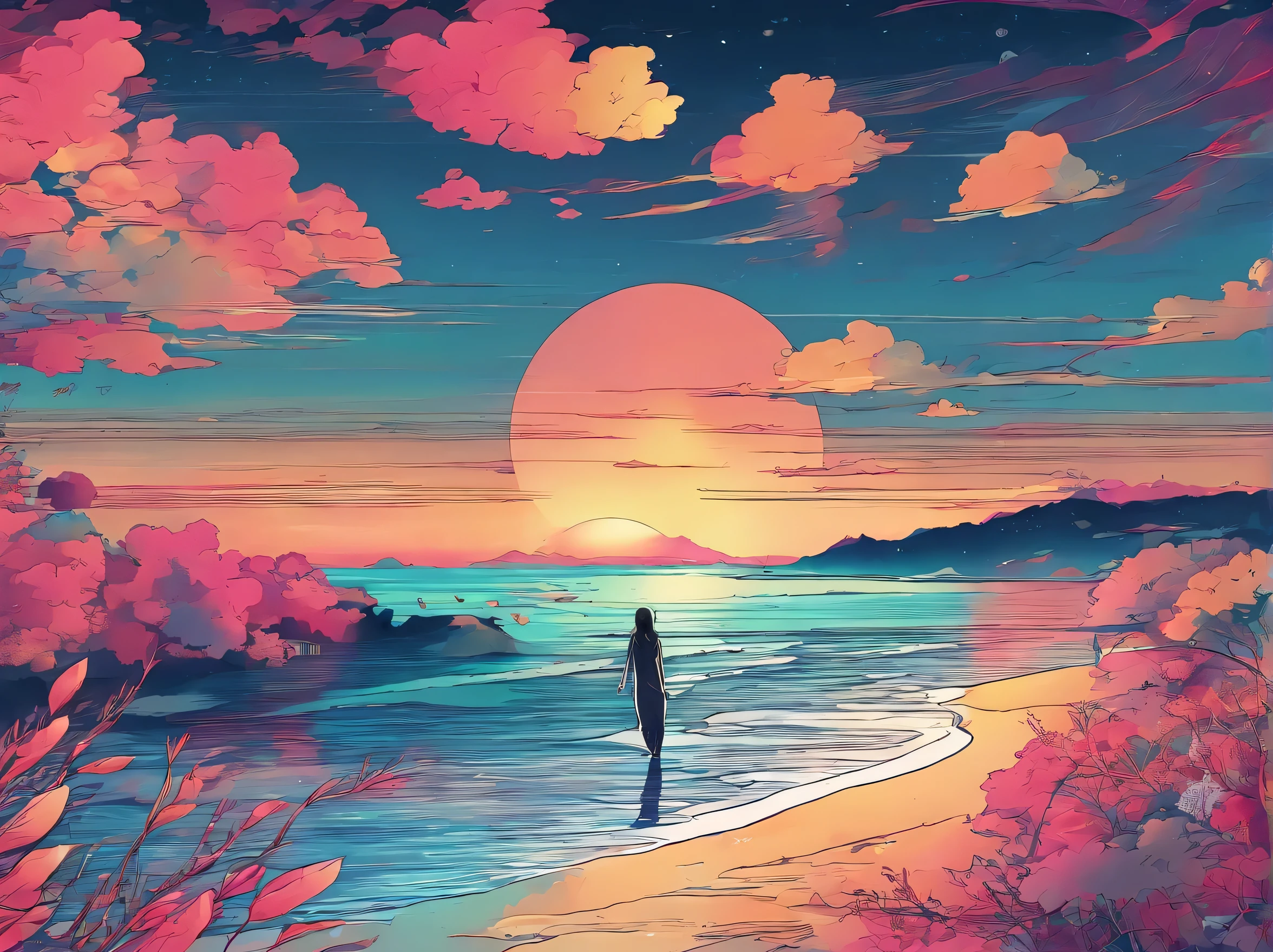 master piece,  (( no human )), (( no person )), alone, Futuristic, yet, lofi, retro, vintage, sunset, beach,