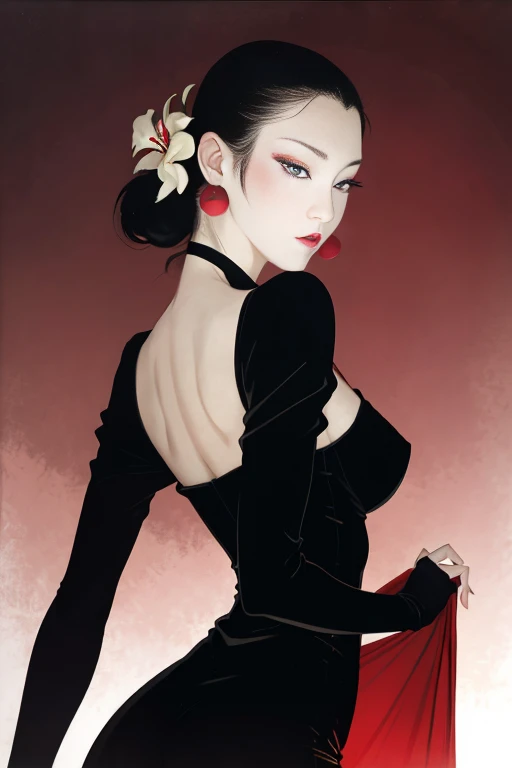 tsuruta ichiro, Narrow-eyed, 1girl in, Allback、deadpan、short-hair、shorth hair、brow、Reluctance、A dark-haired、Tucked Hair Solo, Cowgirl, Onepiece,  ((mideum breasts)),  Thin slit eyes、Black eyes, Light shines on the eyes、Black hair, gloves, Dress,  Luxurious Jewelry, earrings, sharp eye、 elbow groves,Raise your hands and tie your hair back, random color, random color dress,  Makeup for long eyes, Slender eyes、lip stick, Complex petal pattern, Rim Light, Back Light, pastel color,Studio Lighting