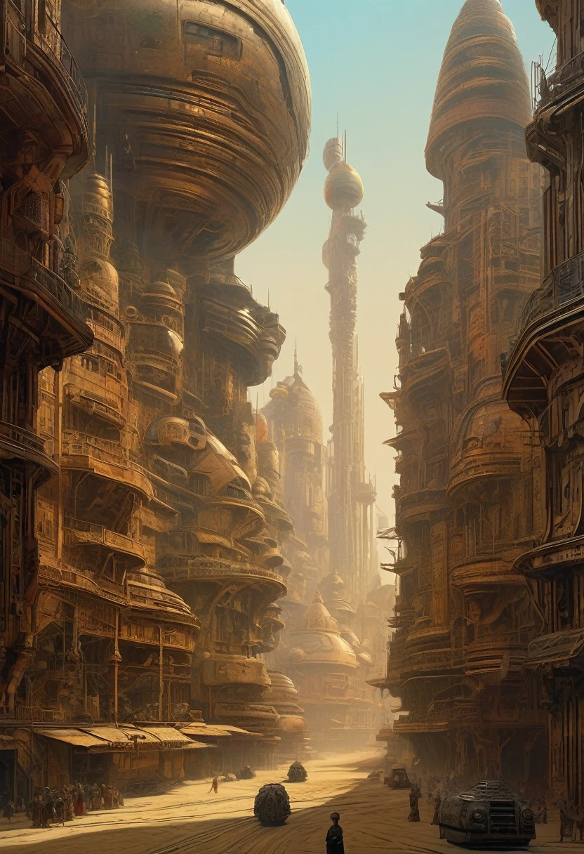 there is a painting of a futuristic city with a giant robot head, jodorowsky's dune, insanely detailed matte painting, peter gric and dan mumford, intricate matte painting, jodorowsky's dune movie, style of john harris, jean giraud 8 k, hyperdetailed matte painting, intricate environments, stunning sci-fi concept art, cgsociety )
