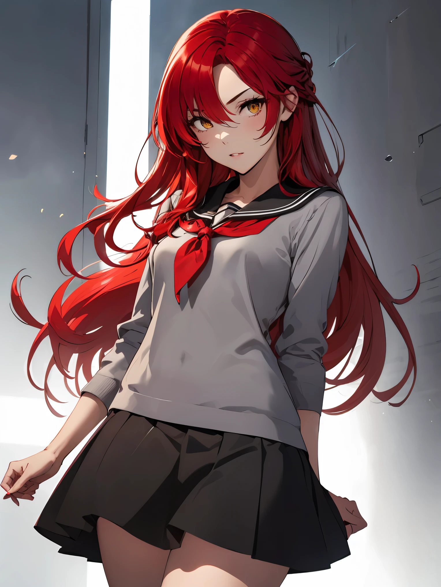1girl, lisara restall, ((red hair:1.5)),
BREAK (grey sweater, black sailor collar, yellow neckerchief, black skirt:1.2), BREAK Wariza, standing,
BREAK ((anime girl)), best quality, expressive eyes, perfect face, (masterpiece), best quality, expressive eyes, perfect face, ((best quality)), ((ultra-detailed)), ((an extremely delicate and beautiful)), perfect eyes, perfect body, ((synmetry eyes)), beautiful eyes, ((thick thighs)), shiny skin, soft skin, ((synmetry body)), ((perfect body)),