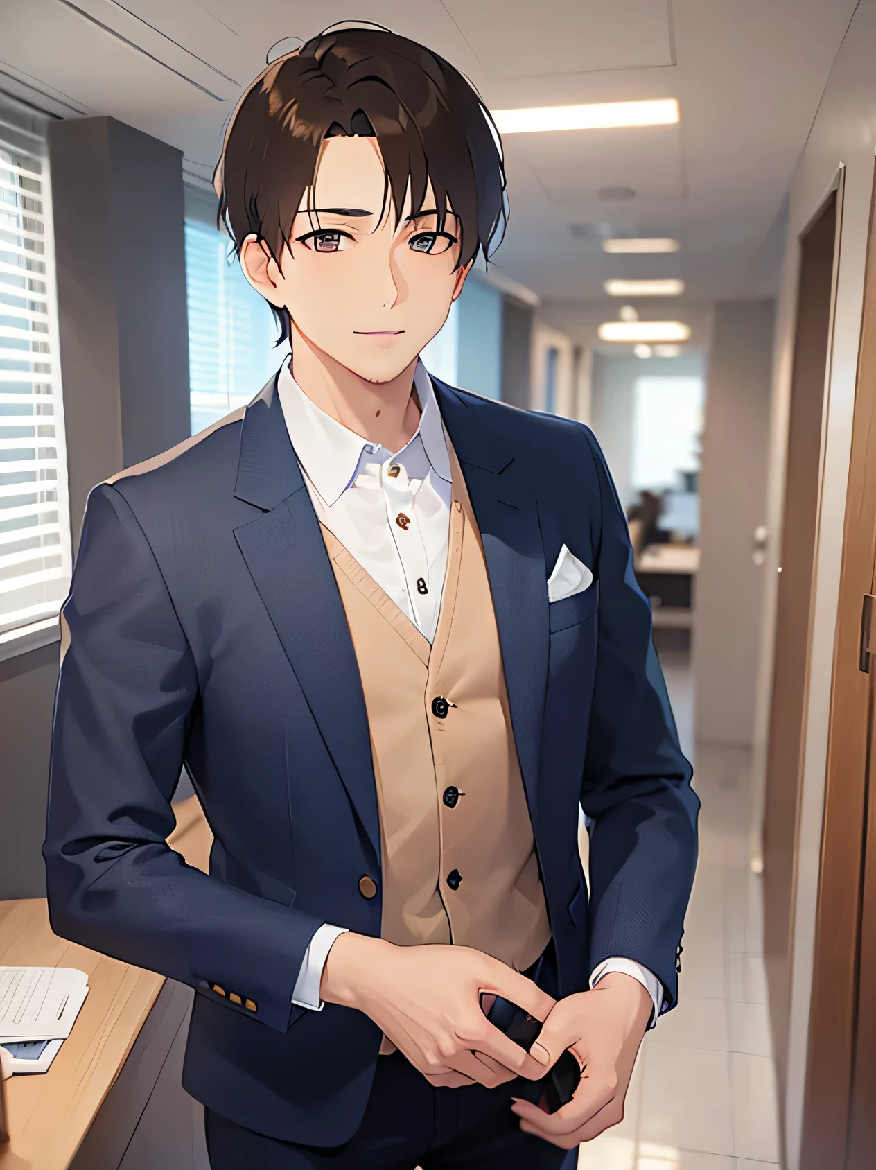 masterpiece、highest quality、(33 year old male:1.5) and (short hair) and (Brown Hair),(Wearing a suit:1.5) and (White collared shirt) and (tie)、(grin:1.5)and(Are standing)、Background is an office room