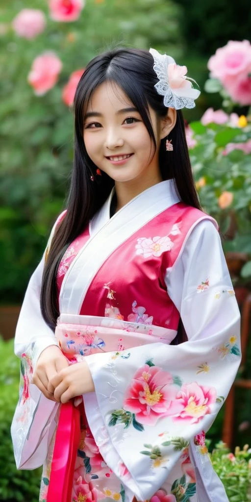 ((16k，super highest quality，Ultra-high resolution，masterpiece，Realistic，Realistic，Very detailed))，Young, adorable and cute 16 year old〜20 year old girl，Full body photo，Full body angle，Esbian all over，Baby Face，single eyelid，Long legs，Thin legs，Thin thighs，Beautiful hands and feet，chest，Cute smile，Adorable smile，nice smile，Rose garden in the background，Long Straight Hair，Iris，Black Hair，A lovely, beautiful and childlike Japanese girl，With a young body，Slim waist，Han national costume，((Short Chinese dress for women，Sexy China Clothing，Chinese Dress Sexy Lolita Dress))