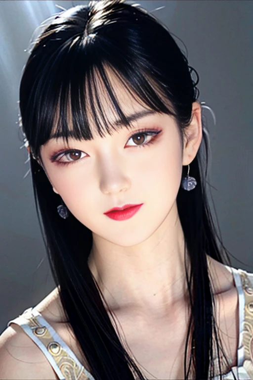 tsuruta ichiro, Narrow-eyed, 1girl in, Allback、deadpan、short-hair、shorth hair、brow、Reluctance、A dark-haired、Tucked Hair Solo, Cowgirl, Onepiece, ((mideum breasts)), Thin slit eyes、Black eyes, Light shines on the eyes、Black hair, gloves, Dress, Luxurious Jewelry, earrings, sharp eye、 elbow groves,Raise your hands and tie your hair back, random color, random color dress, Makeup for long eyes, Slender eyes、lip stick, Complex petal pattern, Rim Light, Back Light, pastel color,Studio Lighting