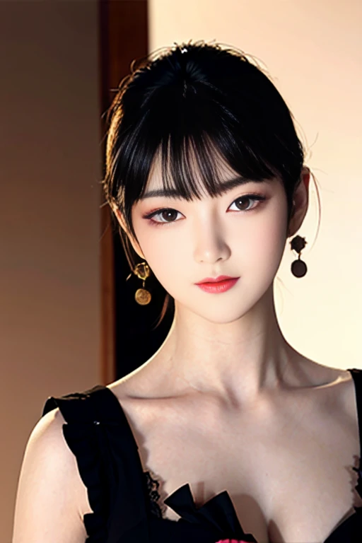tsuruta ichiro, Narrow-eyed, 1girl in, Allback、deadpan、short-hair、shorth hair、brow、Reluctance、A dark-haired、Tucked Hair Solo, Cowgirl, Onepiece, ((mideum breasts)), Thin slit eyes、Black eyes, Light shines on the eyes、Black hair, gloves, Dress, Luxurious Jewelry, earrings, sharp eye、 elbow groves,Raise your hands and tie your hair back, random color, random color dress, Makeup for long eyes, Slender eyes、lip stick, Complex petal pattern, Rim Light, Back Light, pastel color,Studio Lighting
